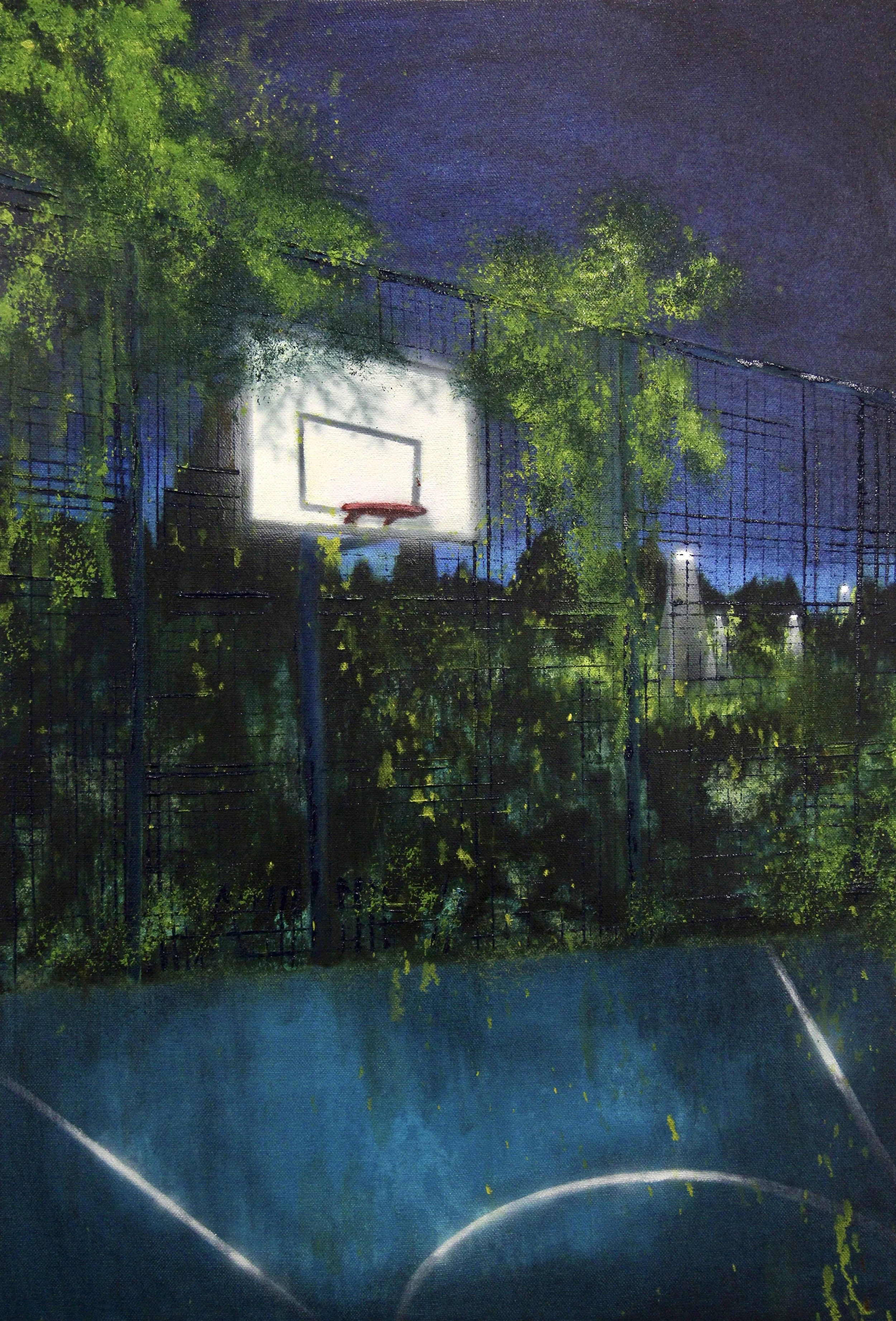 A nighttime scene of an outdoor basketball court with a hoop and backboard, surrounded by trees and enclosed with a chain-link fence. The court is illuminated by nearby lights, and the sky is dark.