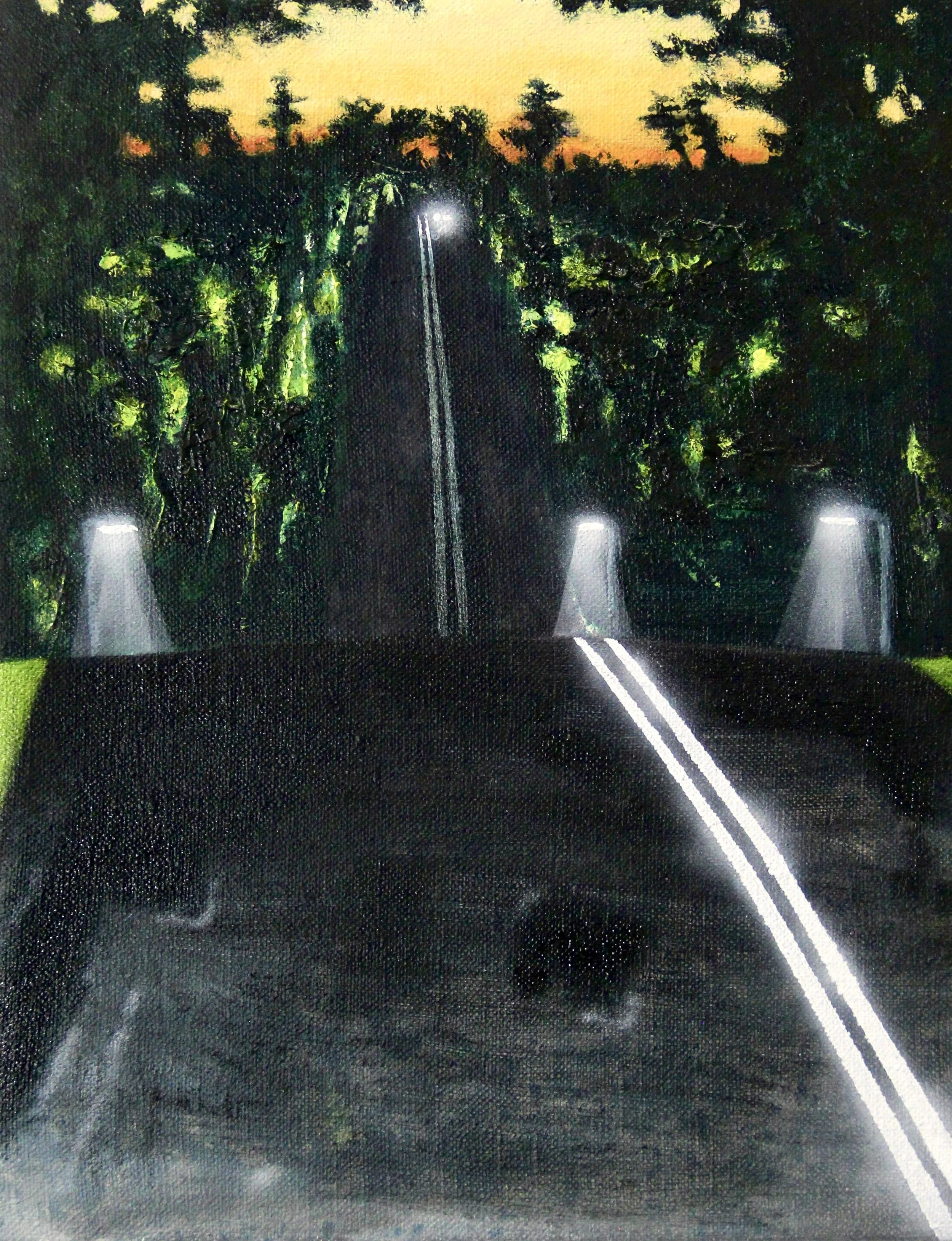 Oil on linen painting, with a sunset illuminating trees and a dark road with headlights in distance