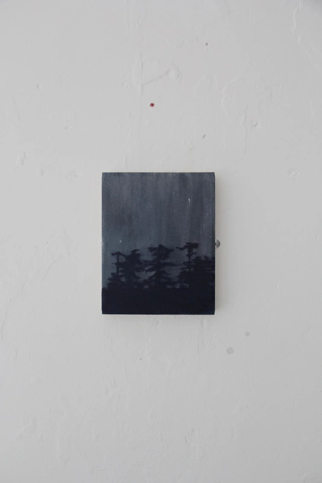 A small black rectangular object with a silhouette of pine trees reflected on its glossy surface, mounted on a white wall.