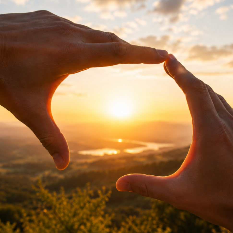 Zwei Hände formen ein Herz um die untergehende Sonne, mit Blick auf eine Landschaft mit Flüssen und Bäumen bei Sonnenuntergang.