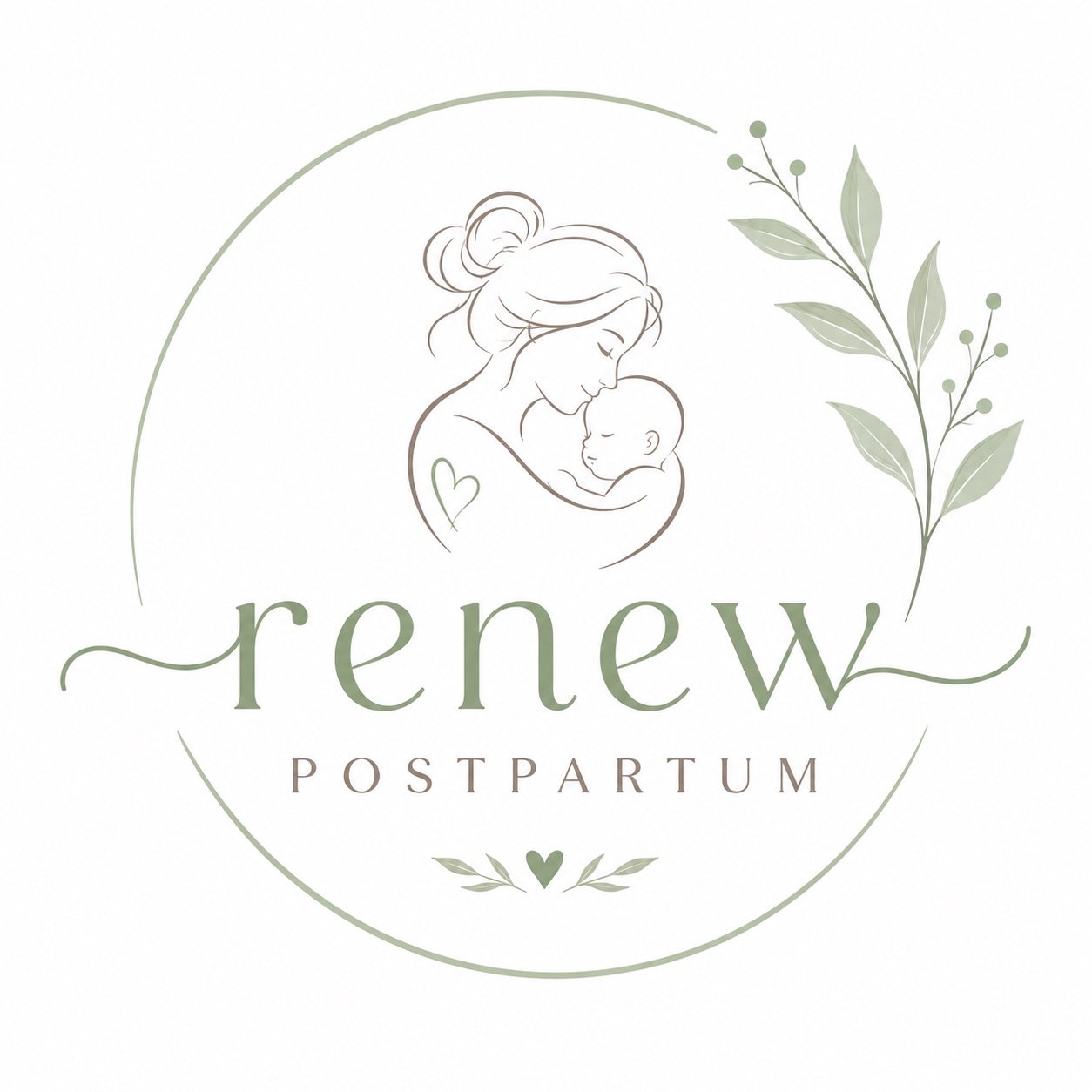 A soft pastel logo featuring a line drawing of a mother holding her baby, surrounded by delicate leaves and a heart, with the words "renew Postpartum" in elegant script.