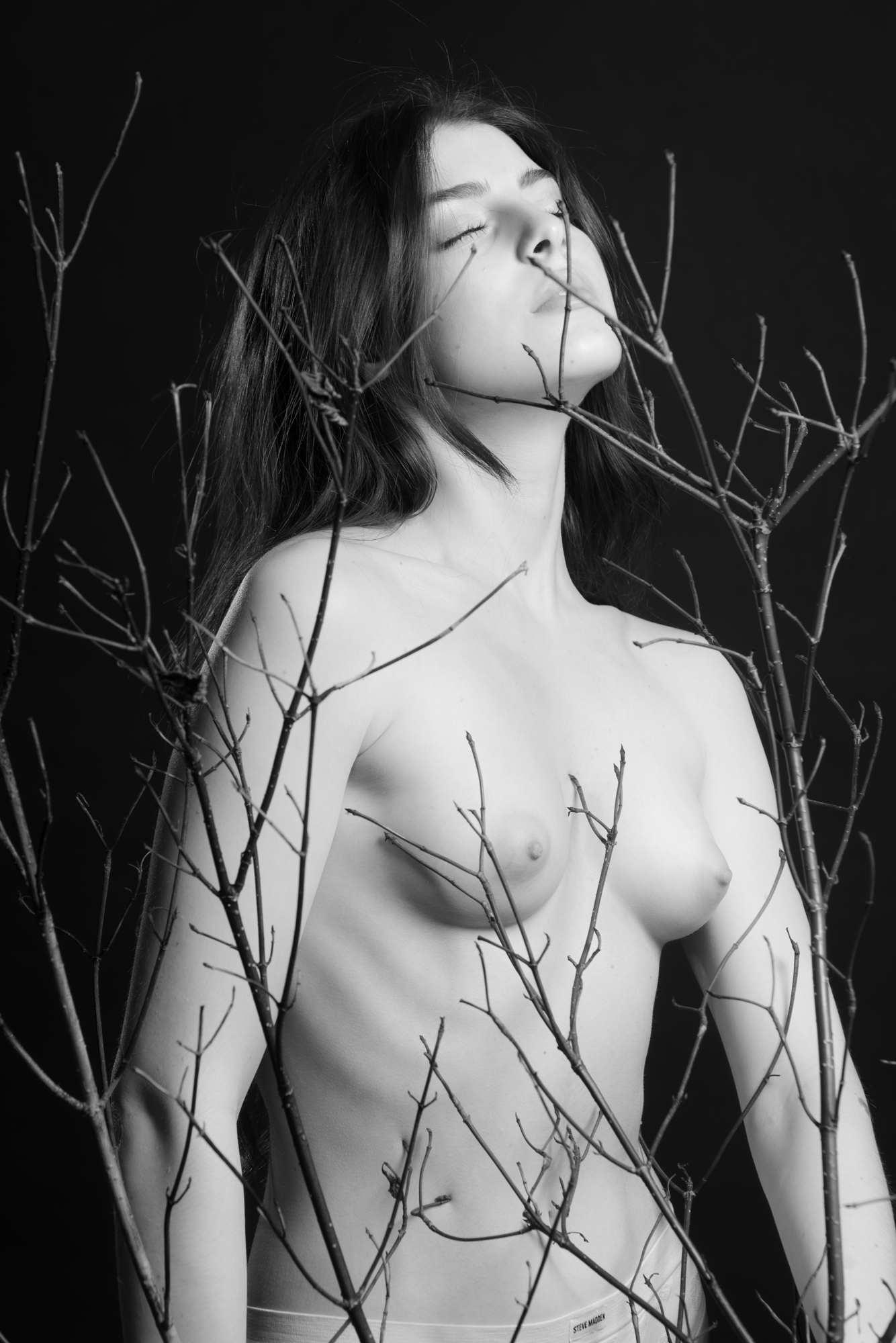 Schwarz-weiß-Fotografie einer nackten Frau hinter Ästen, am Kopf und Körper. Sie steht vor einem dunklen Hintergrund, mit geschlossenen Augen und einem ruhigen Ausdruck.