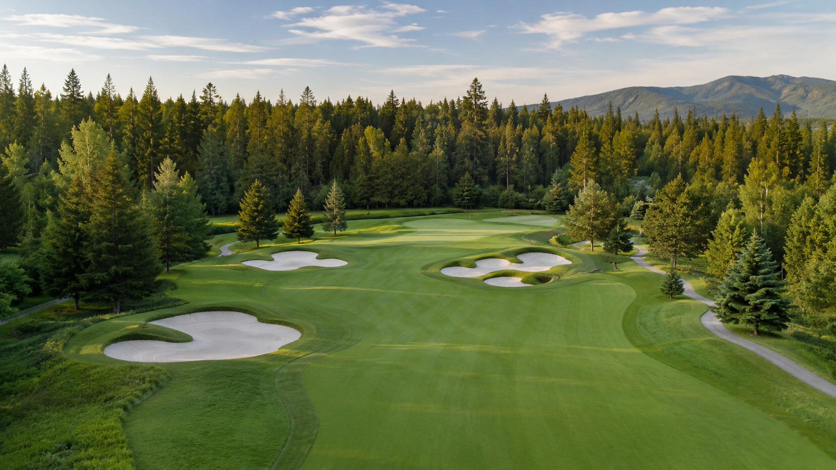 A view of a lush green golf course with sand bunkers, surrounded by trees and mountains in the background under a partly cloudy sky.