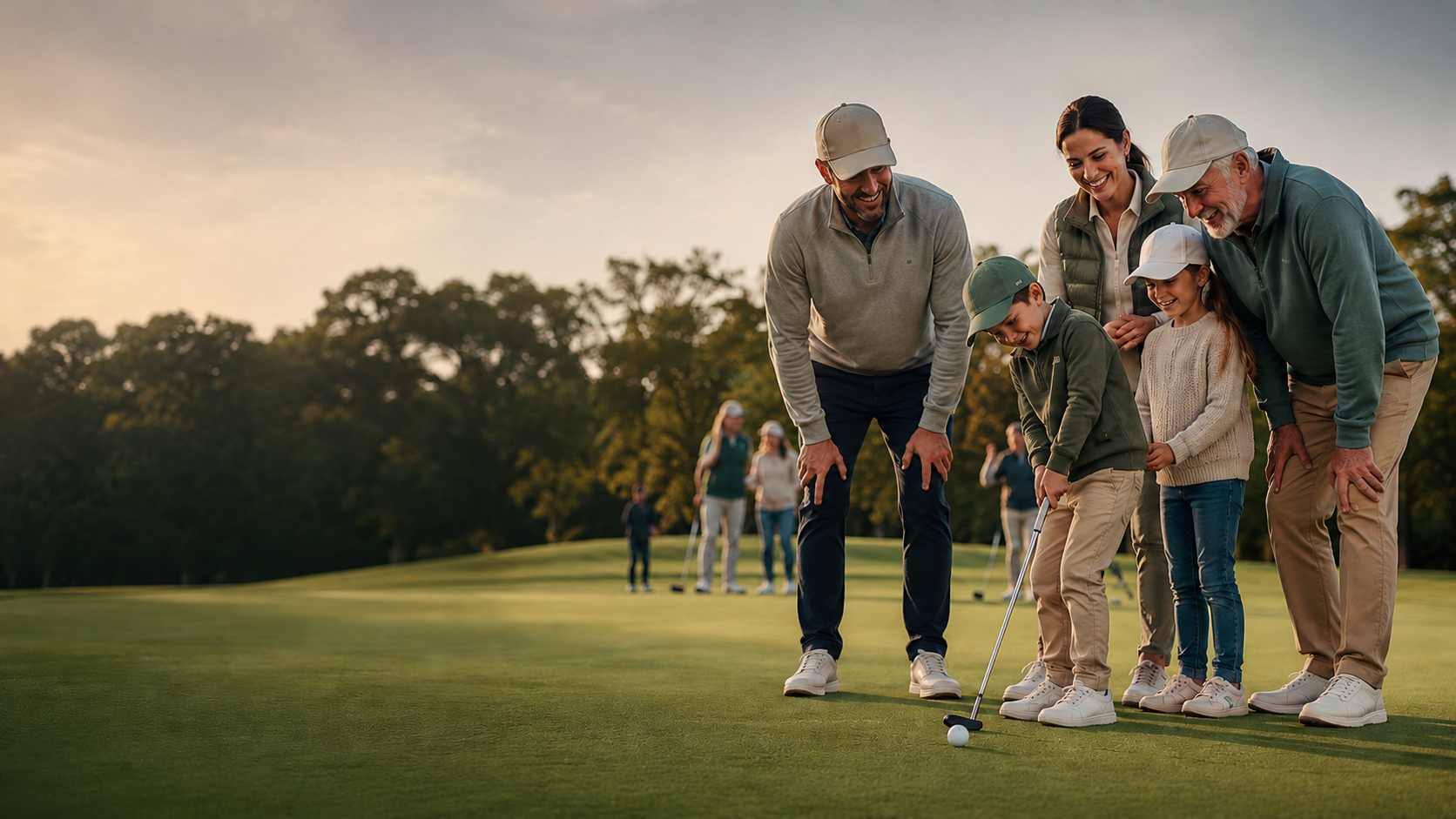 Family and friends playing golf on a lush green course during sunset, with trees in the background in River Falls, WI.