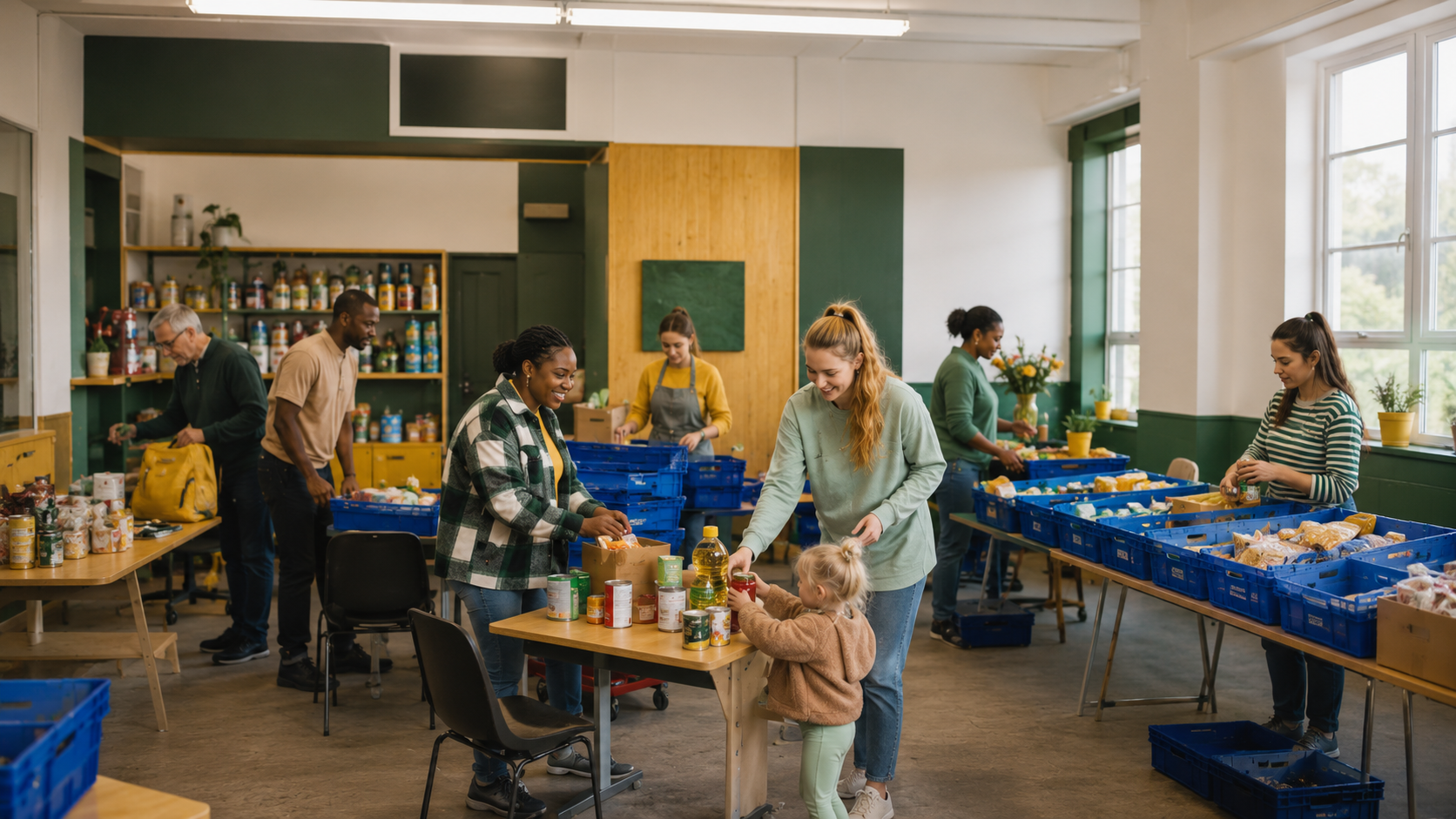 People volunteering in a community kitchen, packing food items into boxes and crates, with shelves of canned goods and supplies in the background, large windows providing natural light.