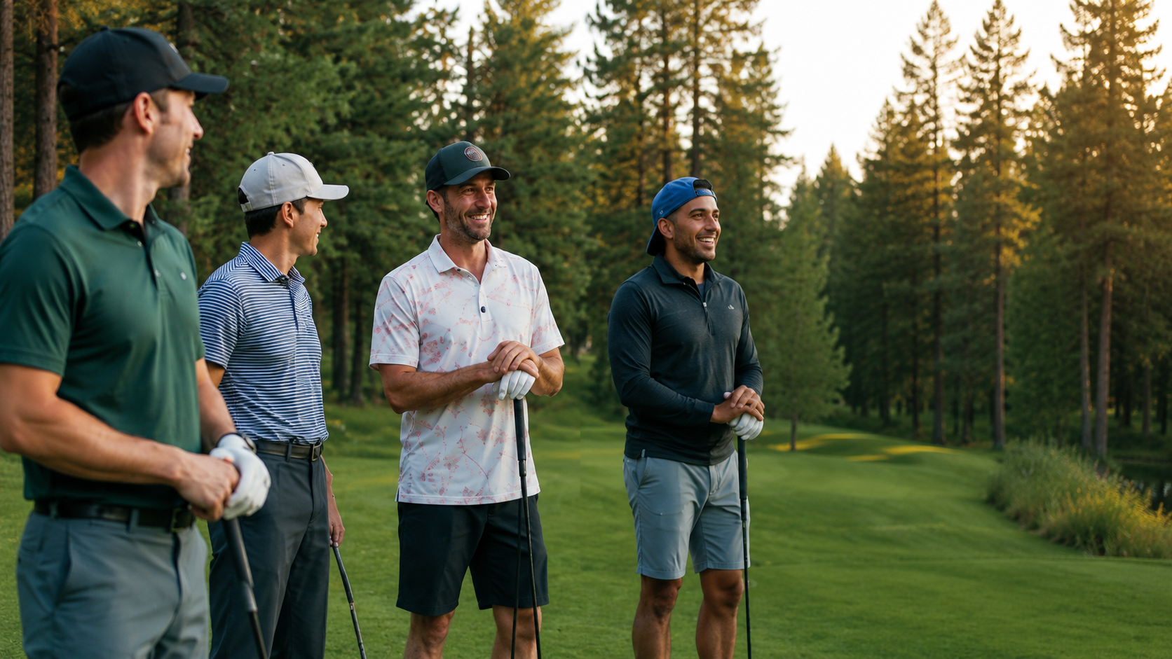 Four men standing on a golf course holding golf clubs and smiling, surrounded by trees and greenery during sunset.