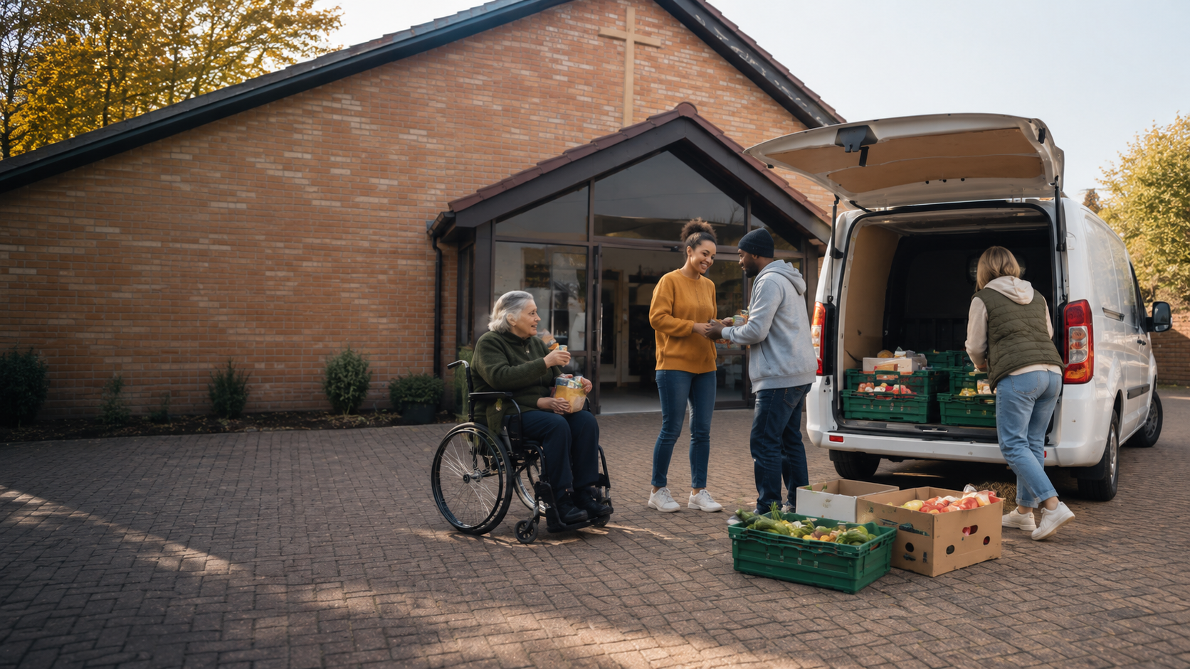 People unloading a van with fresh vegetables and food at a house with a brick wall and large glass entrance, surrounded by trees with fall foliage.