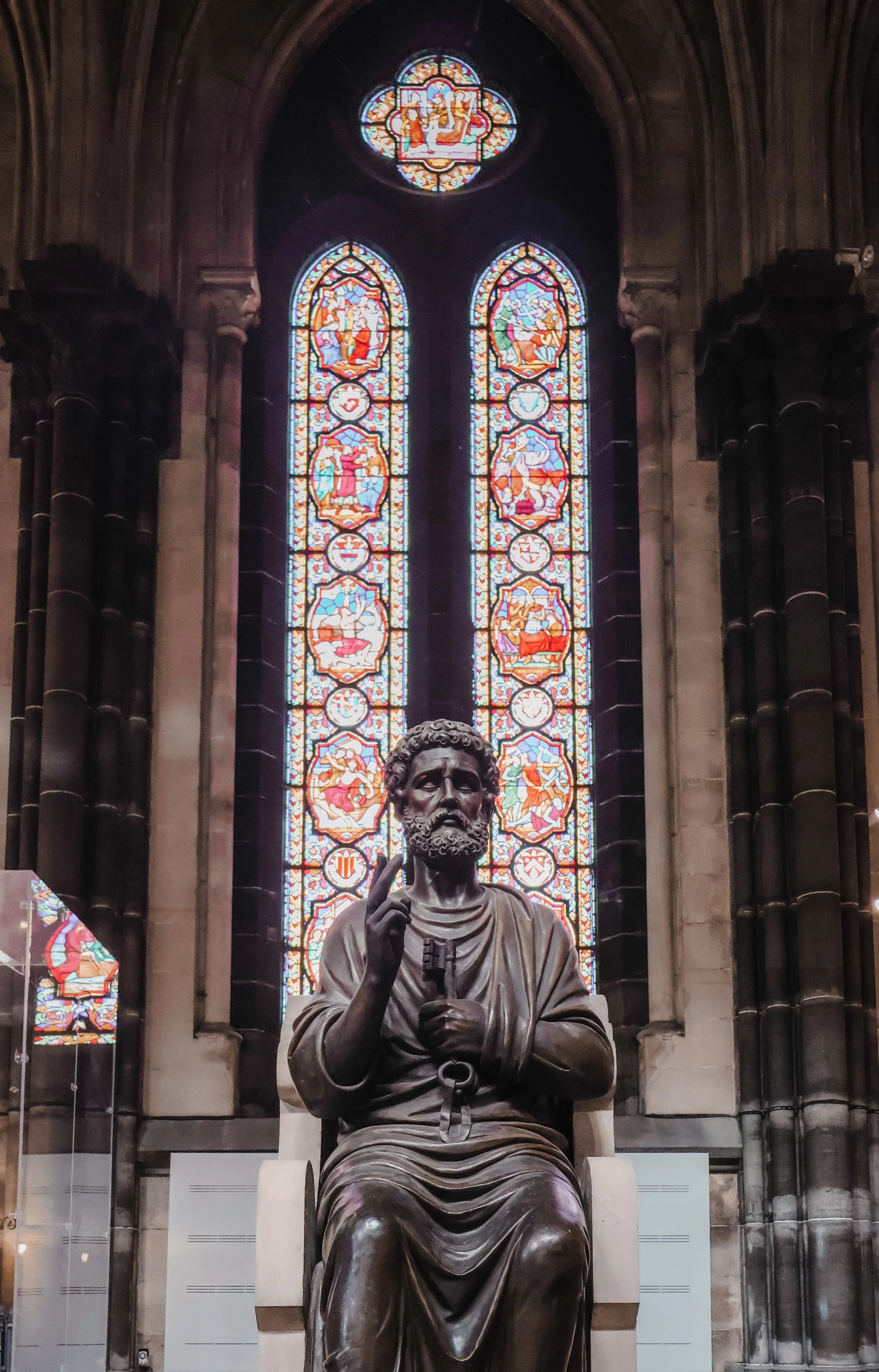 Stained glasses and statue at the  Notre-Dame-de-la-Treille Cathedral in Lille