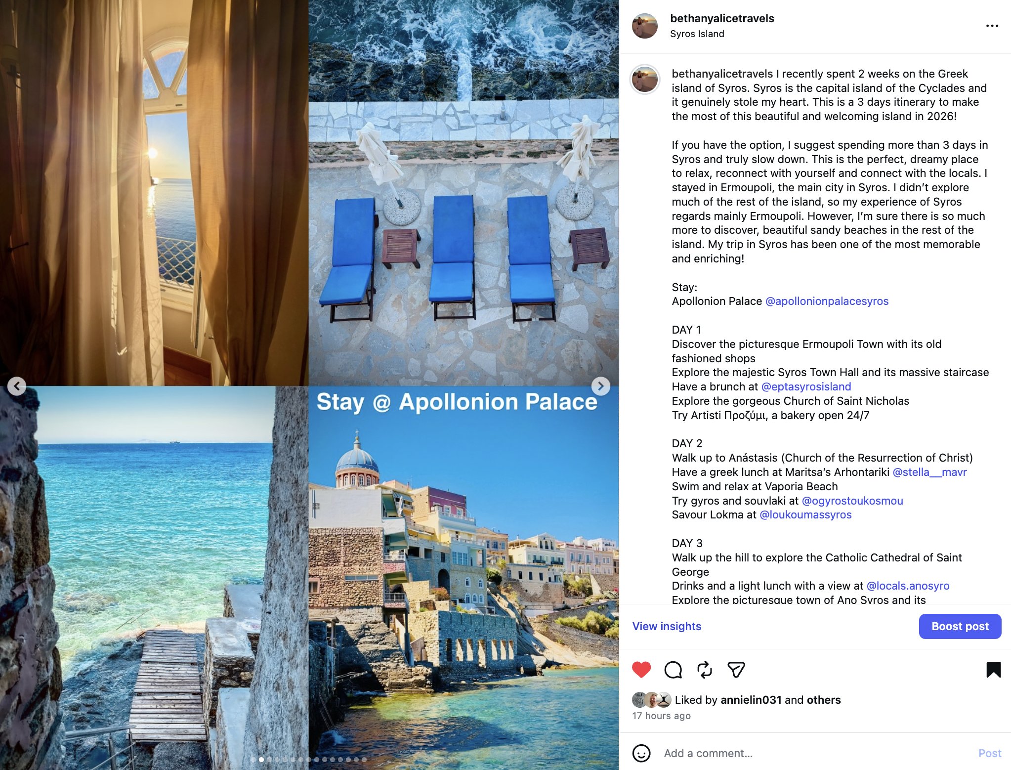 Integration in Instagram itinerary post 