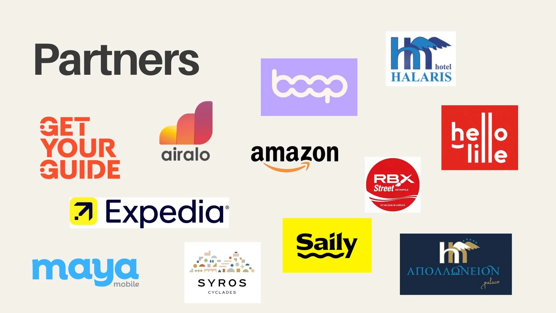 Collage of various company logos including Hotels, travel, retail, and online services such as hotel Halaris, Coop, Amazon, Expedia, Mayao, Sailly, and others.