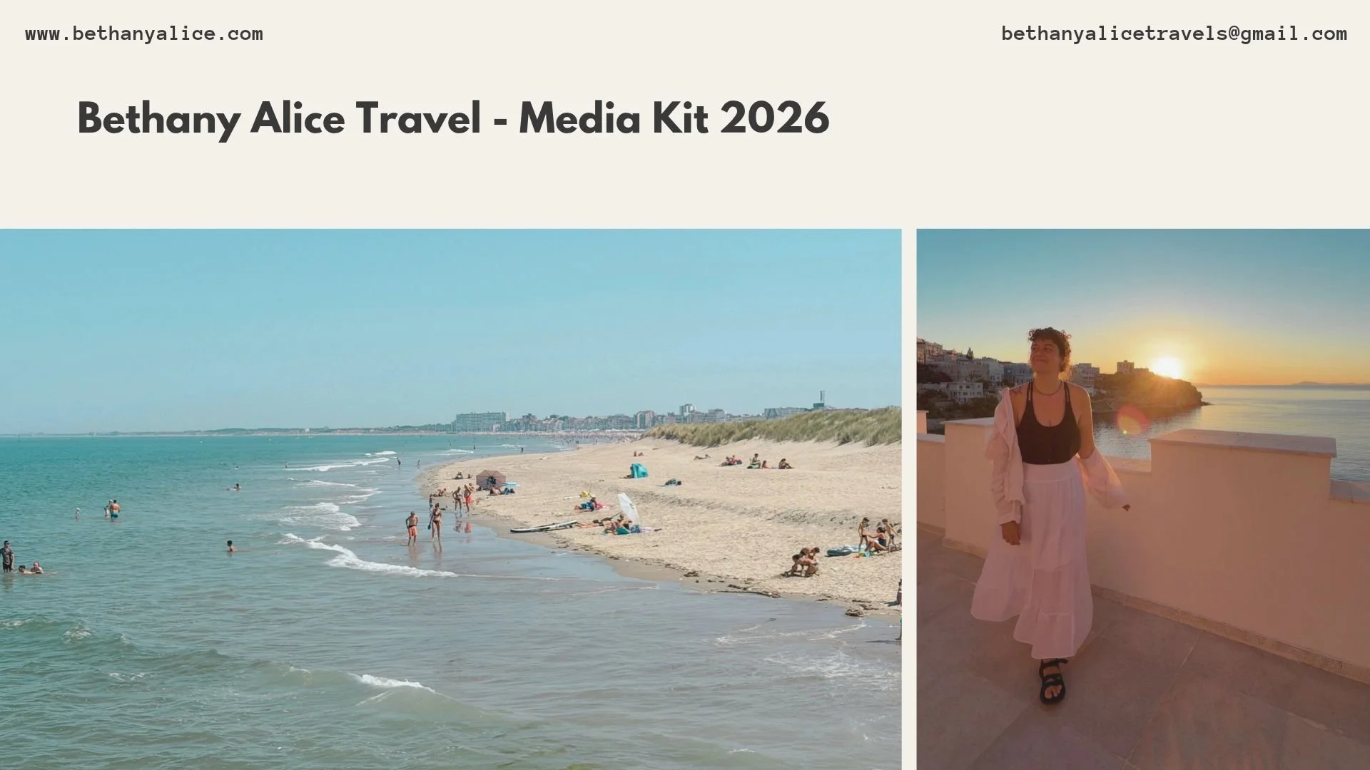 A split-screen image showing a beach scene with people swimming and sunbathing in the ocean on the left, and a woman in a black top and pink skirt standing on a balcony at sunset on the right.