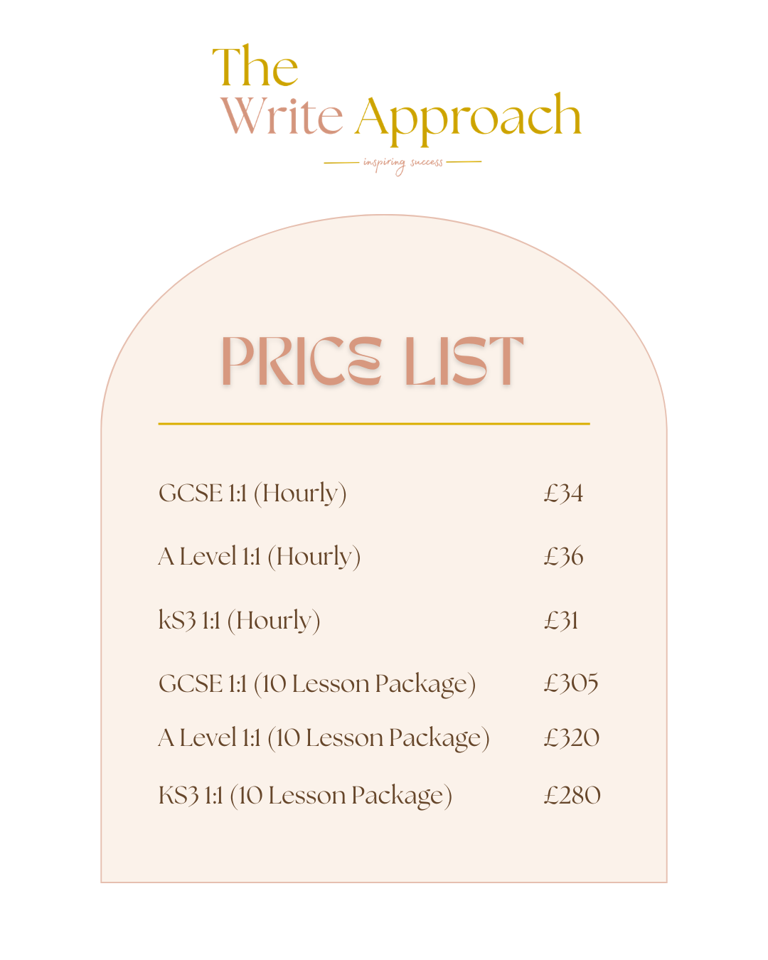 Price list for tutoring services including GCSE 1:1 hourly lessons, A Level 1:1 hourly lessons, kS3 1:1 hourly lessons, and 10-lesson packages for each level, with prices ranging from 31 to 320 pounds.