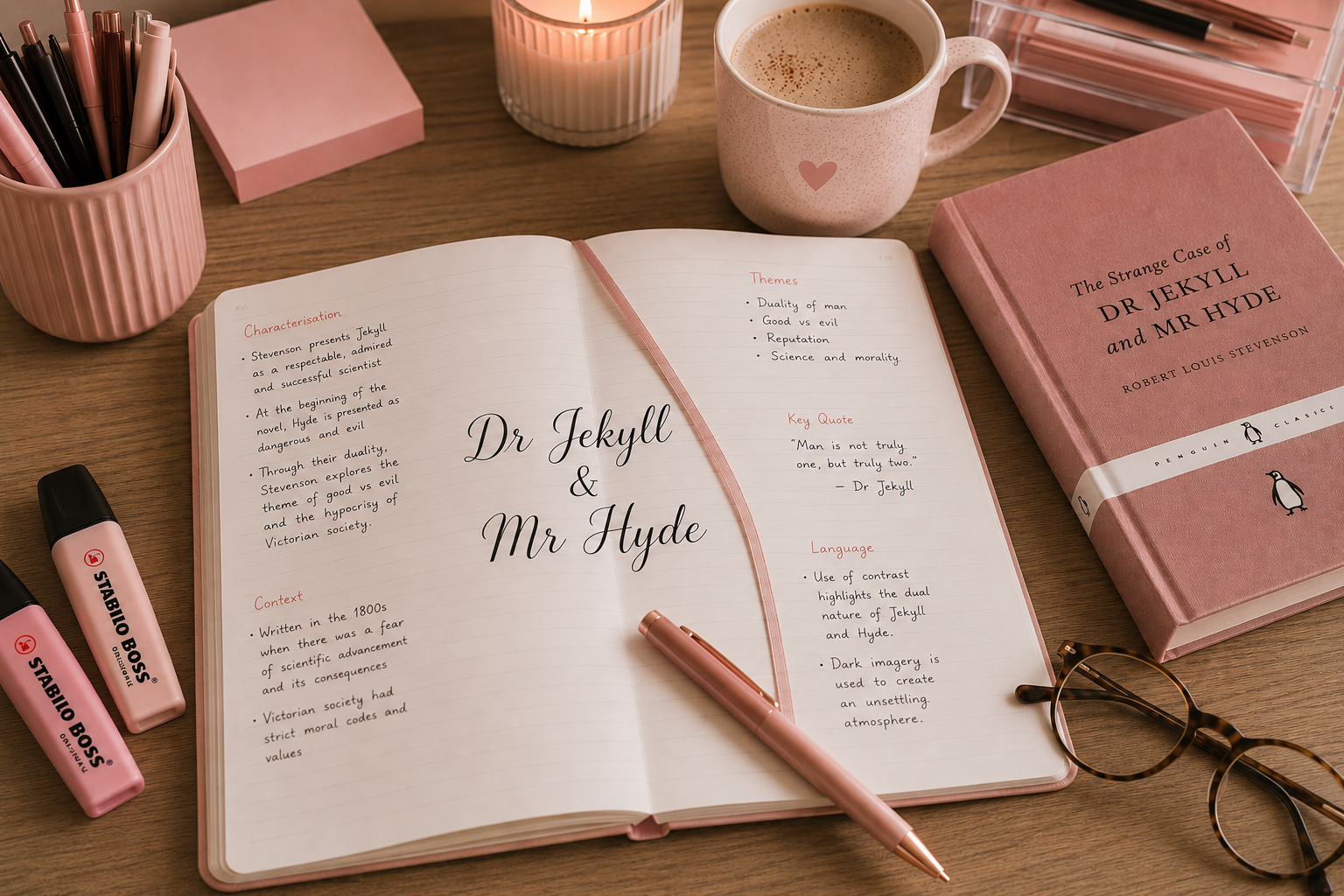 Open notebook with notes on Dr. Jekyll and Mr. Hyde, a pink book titled "The Strange Case of Dr. Jekyll and Mr. Hyde," a cup of coffee, a candle, a pair of glasses, two highlighters, a pen, and some stationery on a wooden desk.