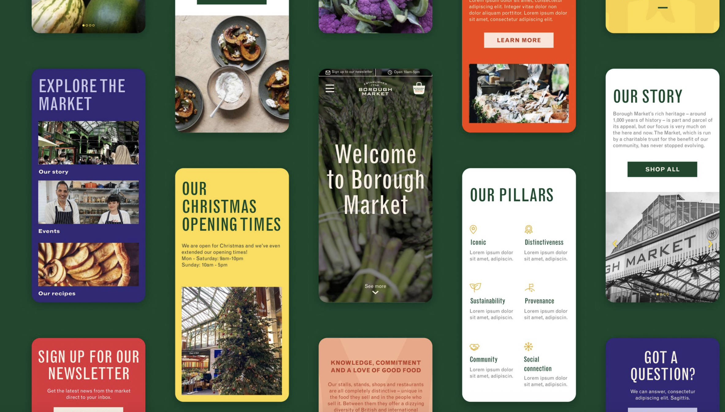 A collage of colorful webpage designs promoting a market, including sections about exploring the market, Christmas opening times, recipes, a welcome message with asparagus, a Christmas tree inside a market, an 'about the market' page, a newsletter sign-up, story about the market's heritage, information about pillars, and an FAQ, all on a dark green background.