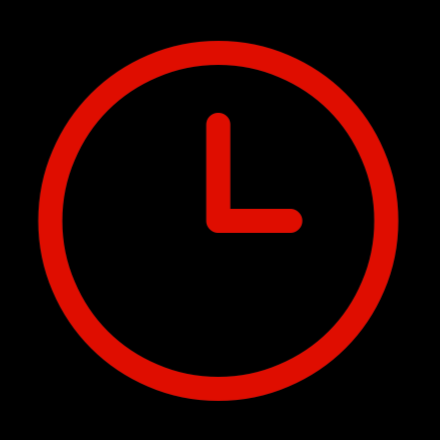 Runder Uhr mit rotem Rahmen und roten Zeigern auf schwarzem Hintergrund.