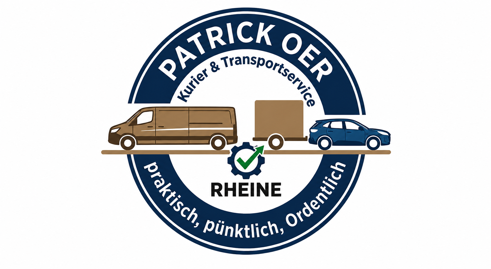 Logo mit Fahrzeugen und Text: Patrick Oer, Kurier & Transportservice, Rheine, Pünktlich, ordentlich
