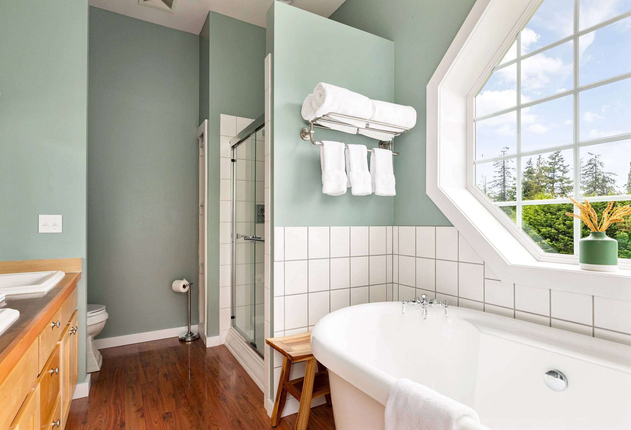 
Freestanding soaking tub and spa-style master bath.