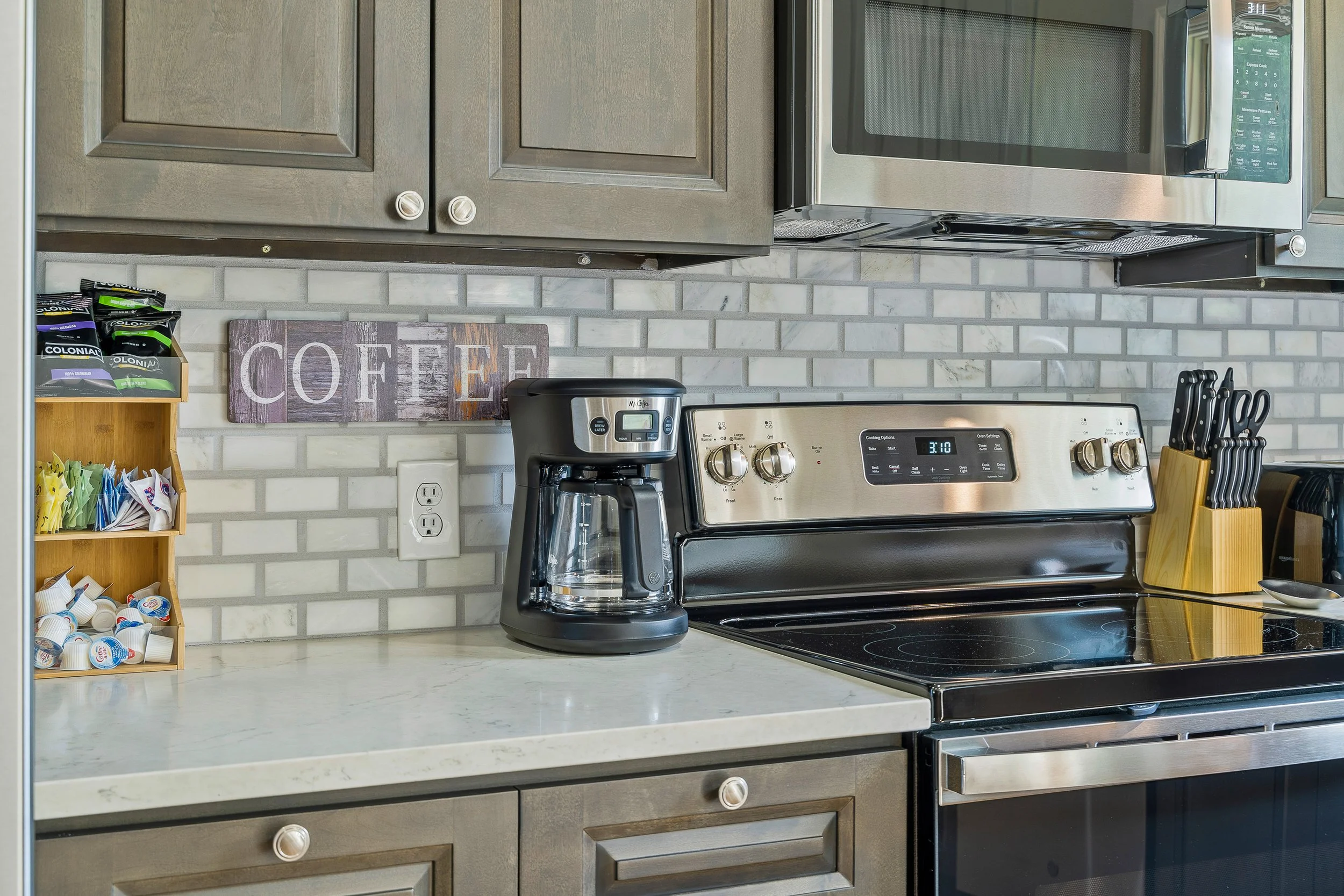 Complimentary coffee, teas, and all the fixings waiting when you arrive
