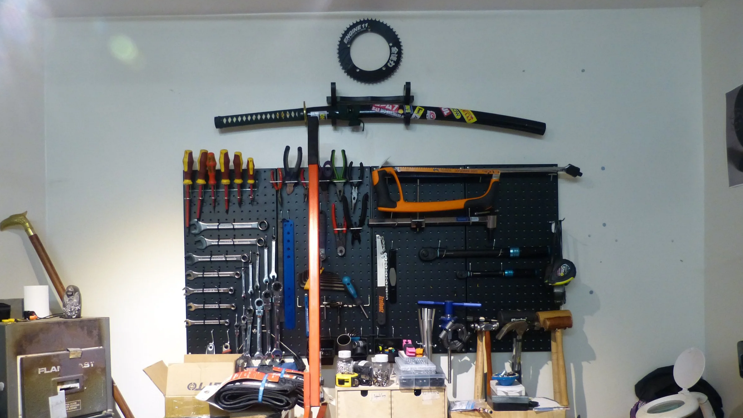 really cool bicycle toolboard and also sword