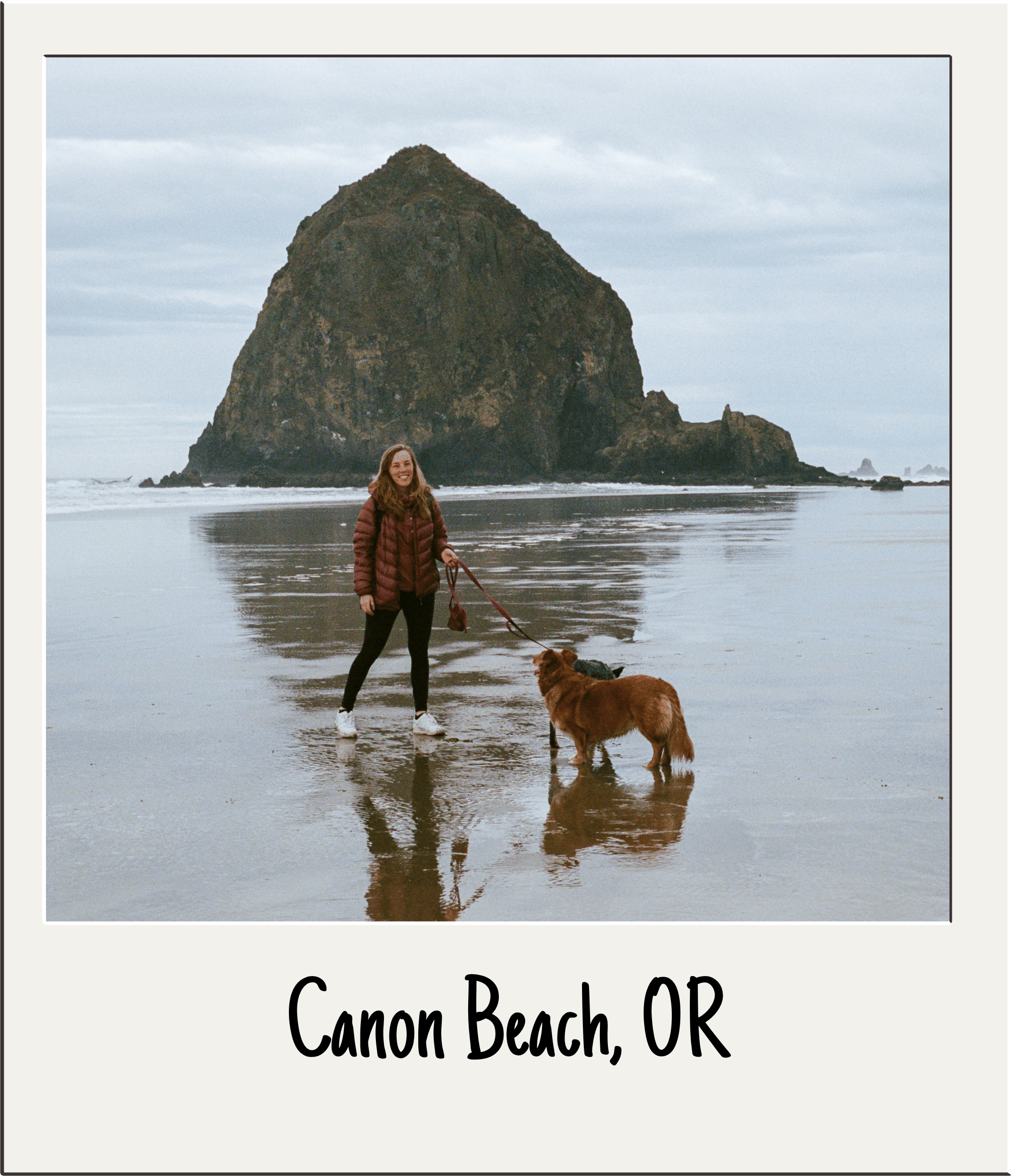 A woman walking her red dog along the wet sand of a beach with a large sea stack and rocky formation in the background, under a cloudy sky at Cannon Beach, Oregon.