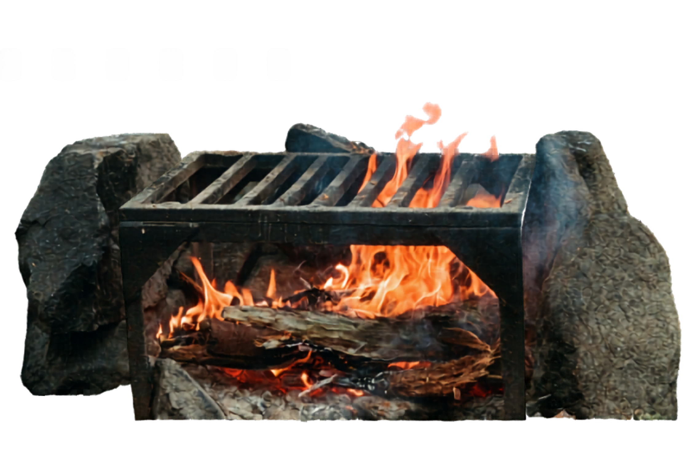 A small outdoor fire pit with logs burning inside, surrounded by stones.