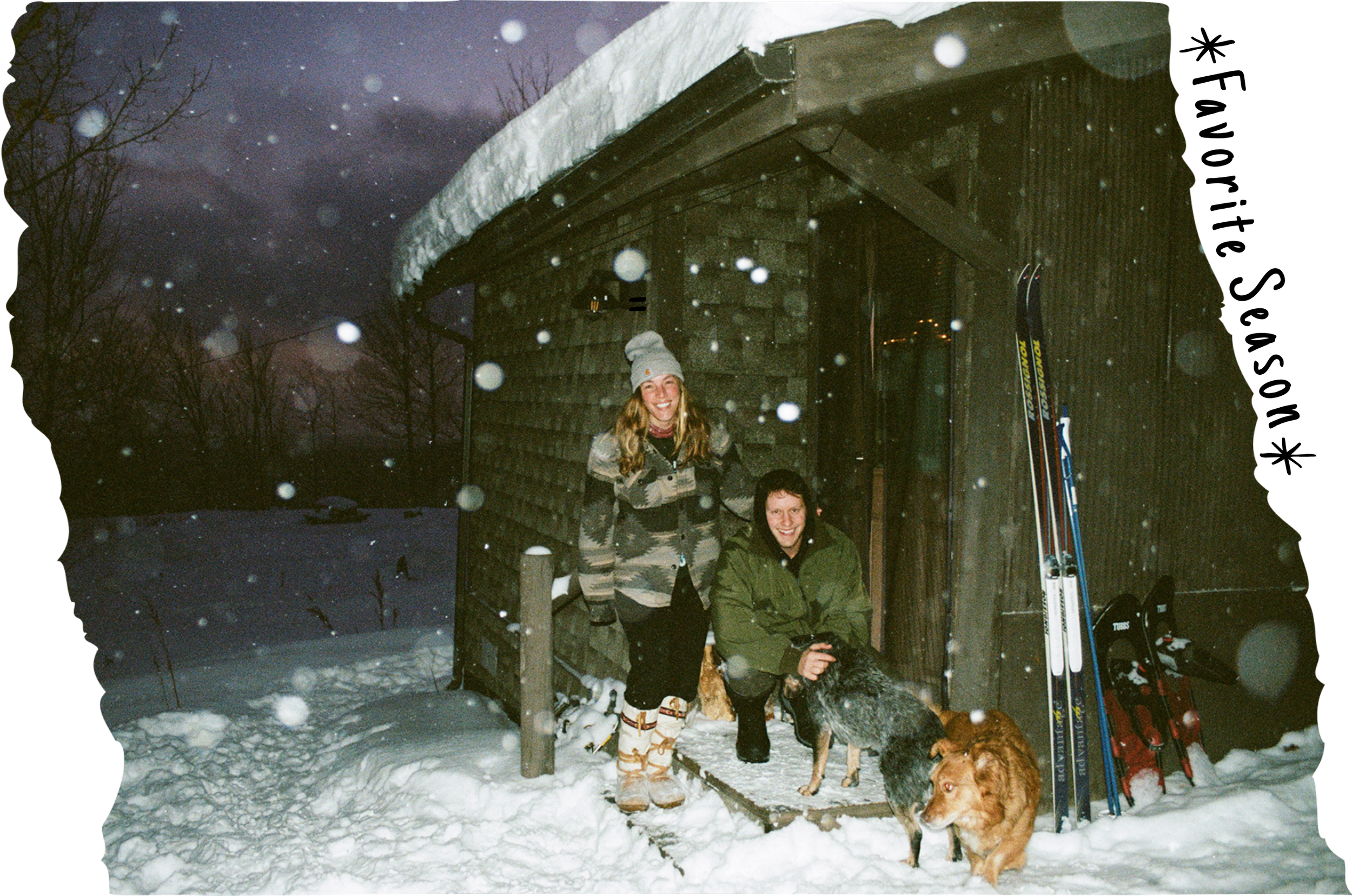 Two people and two dogs standing outside a wooden shelter at night during snowfall, with skis leaning against the shelter.