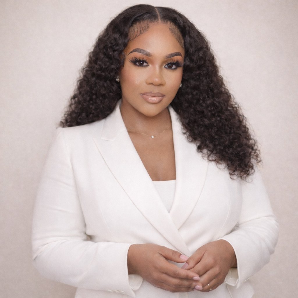A woman with long curly hair, wearing a white blazer and light makeup, posing against a plain light-colored background.