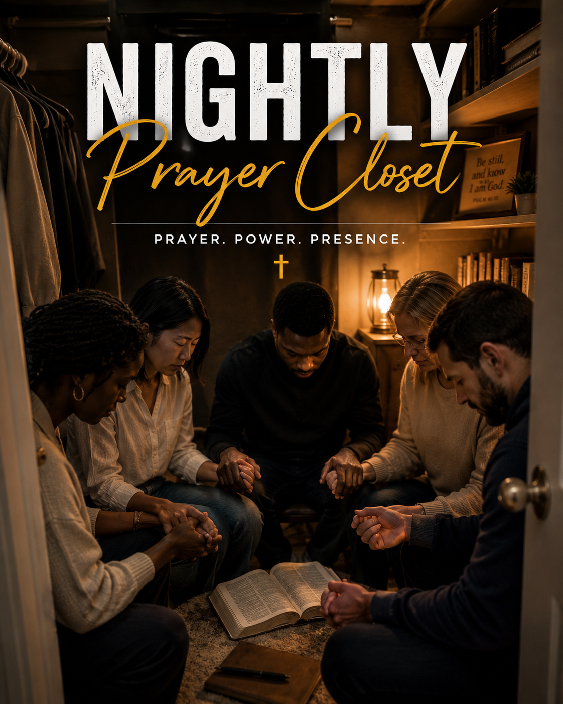 Group of six people kneeling in prayer with heads bowed and eyes closed inside a prayer closet. Open Bible on the floor in front of them, warm lighting, shelves with books, framed quote, and a small potted plant on the shelves.
