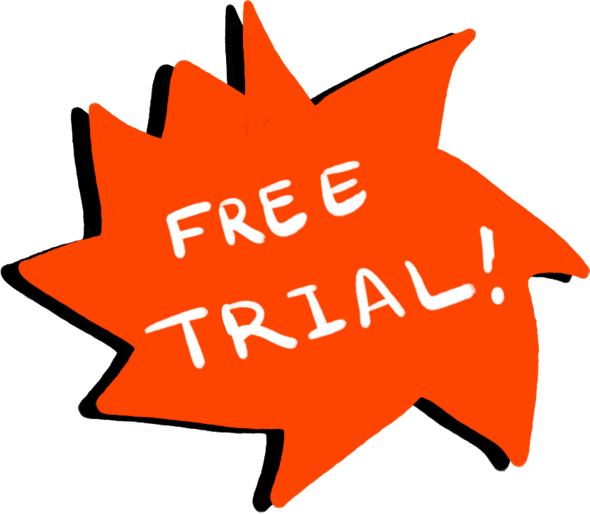 Ein orangefarbener, sternförmiger Aufkleber mit weißen Buchstaben, der 'FREE TRIAL!' sagt.