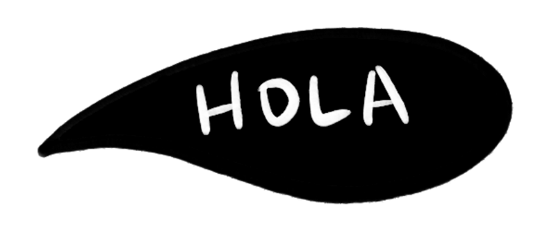 Der schwarze Hintergrund mit weißen, handgeschriebenen Buchstaben, die das Wort "HOLA" bilden.