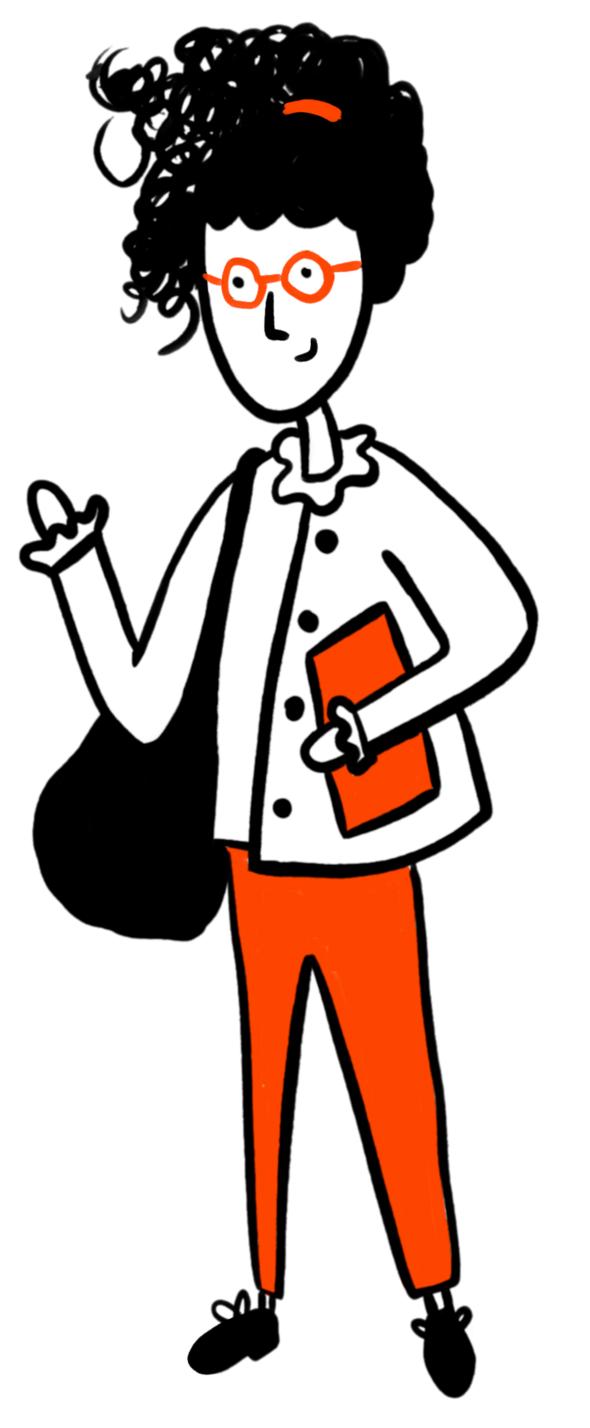 Illustration einer stilisierten Frau mit schwarzem, lockigem Haar, roten Brillen, weißem Hemd mit Rüschenkragen und roten Hosen, die eine Mappe hält.