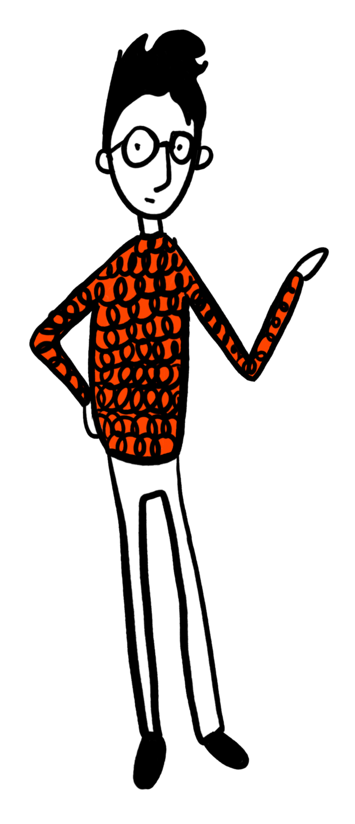 Eine stilisierte Illustration eines Mannes mit hellblondem Haar, runden Brillen, einem schwarzen Hintergrund und einem roten Pullover mit schwarzen Schleifenmustern, der einen Stift in der Hand hält.