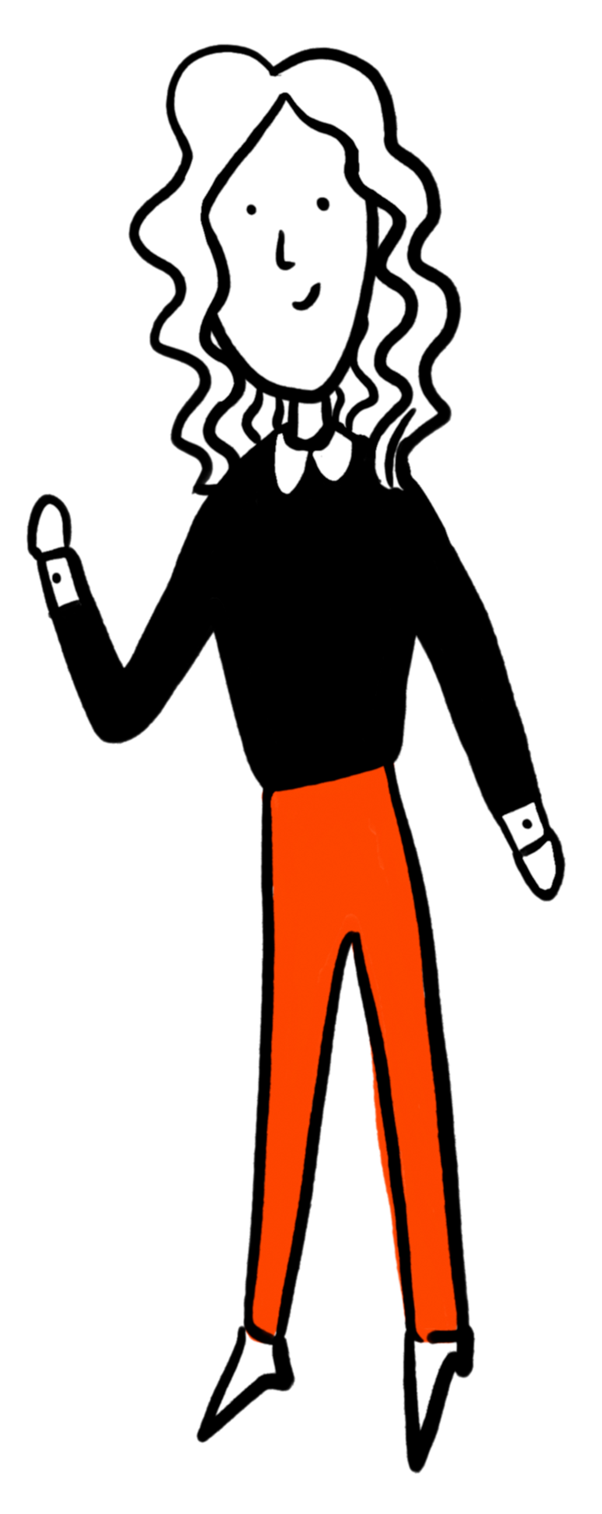 Schwarz-weiße Illustration einer lächelnden Frau mit lockigem Haar, schwarzem Oberteil mit weißen Kragen, orangefarbenen Hosen und weißen Schuhen.
