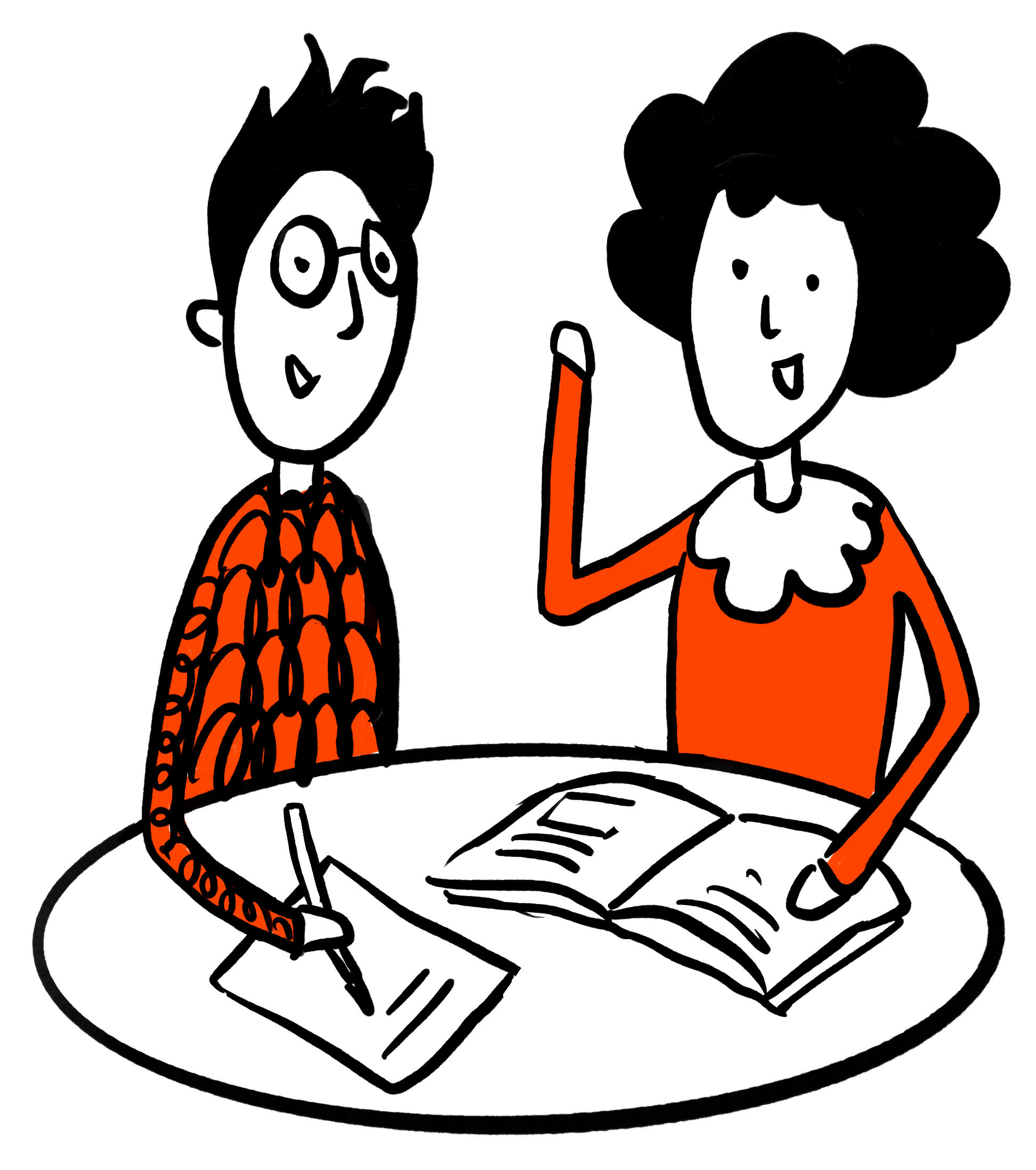 Zwei Menschen sitzen an einem Tisch, einer liest ein Buch, der andere schreibt in ein Heft. Beide sind in orangefarbigen Kleidern, vor sich liegt ein Buch.