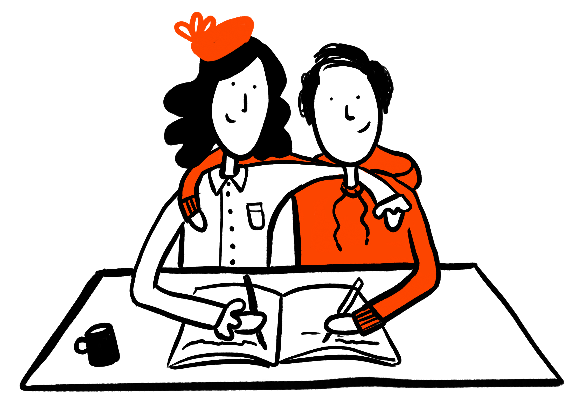 Zeichnung von zwei Personen, eine mit dunklen Haaren in weiße Jacke, die andere mit schwarzen Haaren in orangener Jacke, die zusammen an einem Tisch sitzen und Papier und Stifte benutzen.