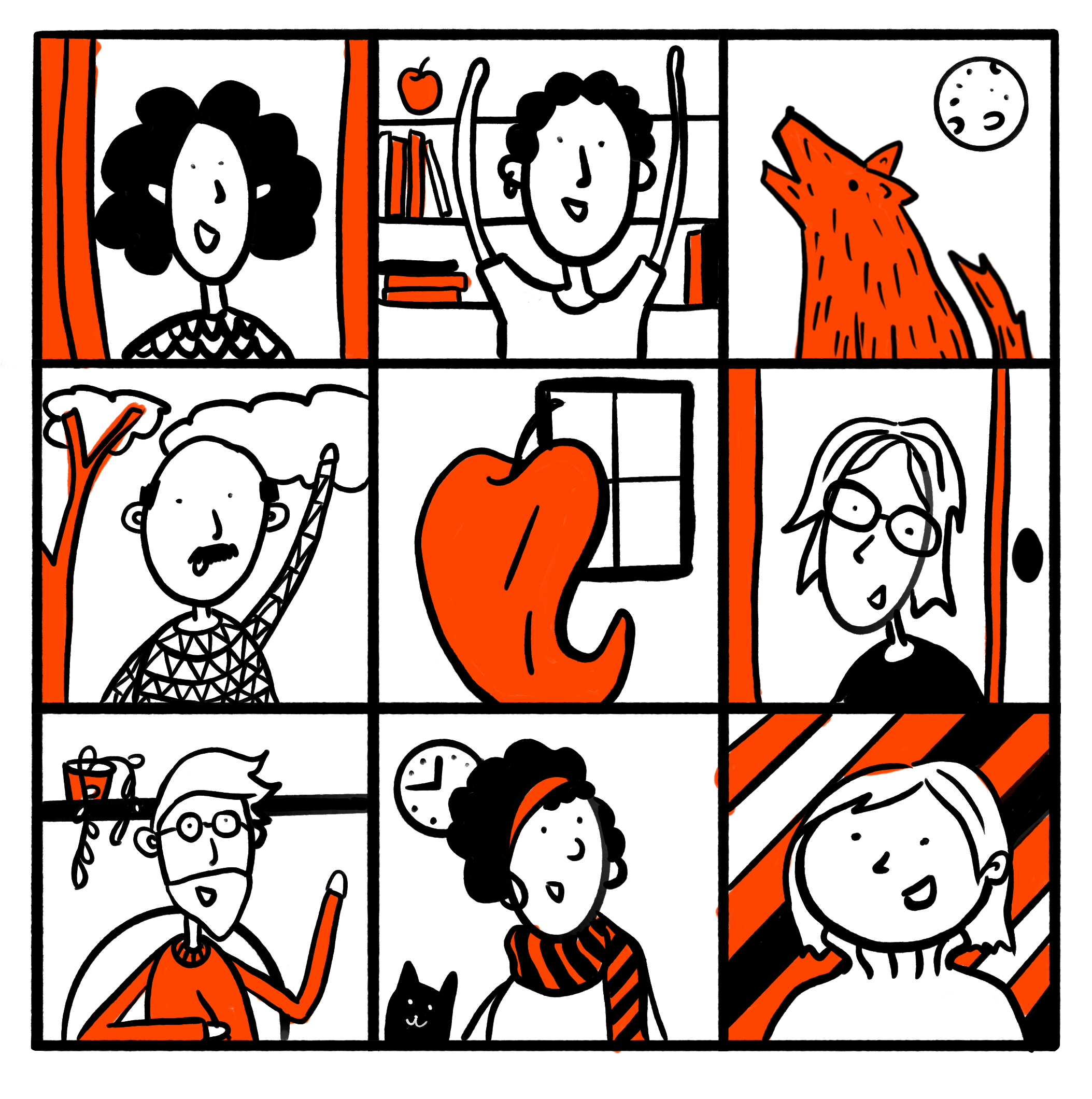 Eine Comic-Zeichnung, die mehrere Personen in verschiedenen Szenen zeigt, mit Fällen und Tieren, in schwarz-weiß mit orangefarbigen Akzenten.