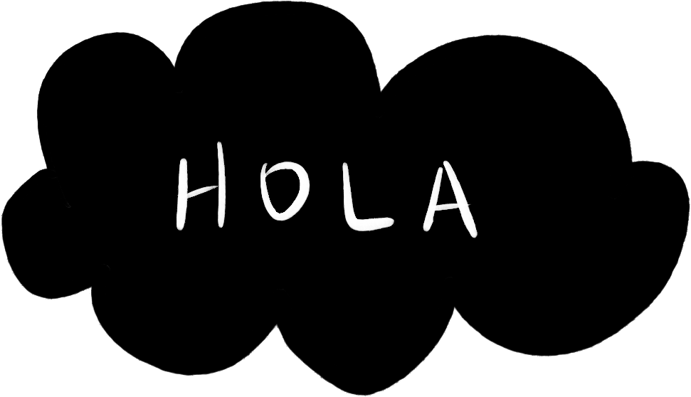 Schwarze Wolke mit weißen Buchstaben, die das Wort 'HOLA' schreiben.