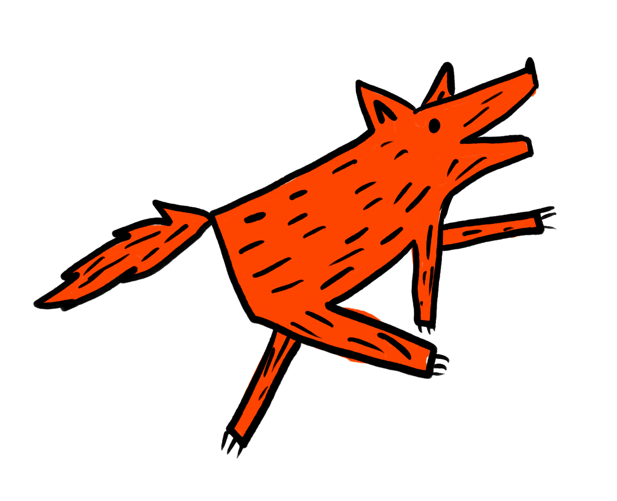 Eine stilisierte Zeichnung eines rot-orangefarbenen Fuchses auf schwarzem Hintergrund.