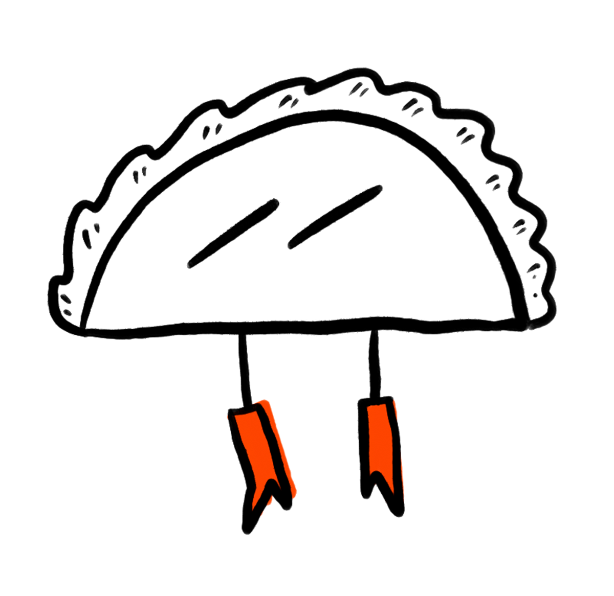 Handgezeichnetes Bild eines warmen, frischen Tacos mit Hackfleisch, Käse, Salat und Tomate in einem roten Tacoschalen, auf schwarzem Hintergrund.