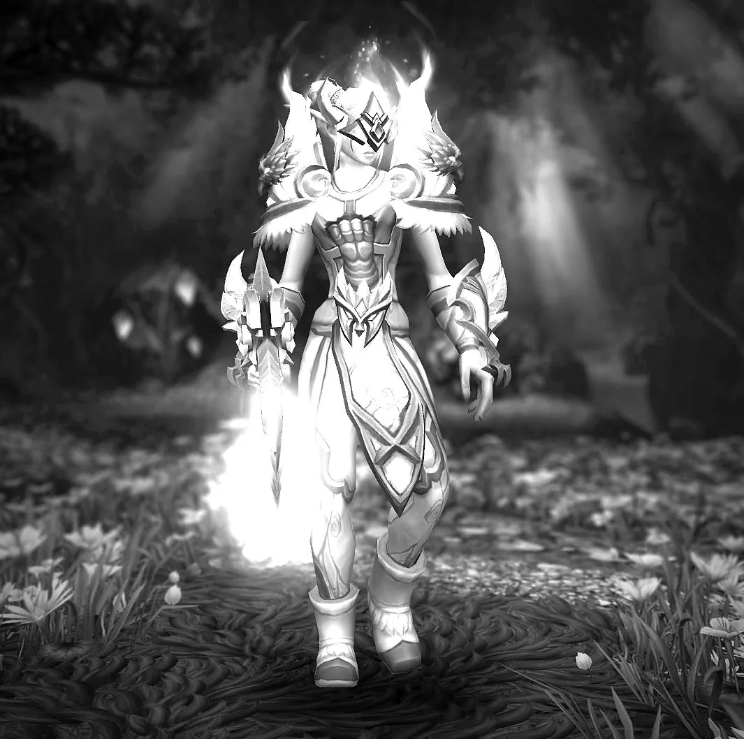 A fantasy warrior character with armor and a flaming helmet stands in a dark forest.