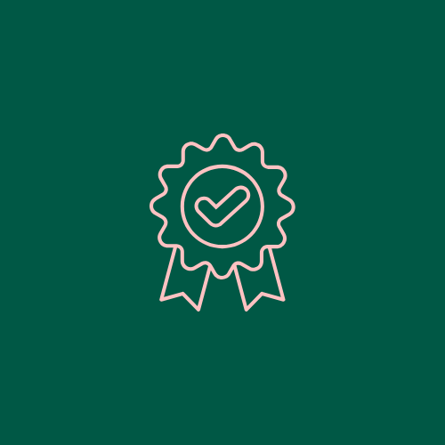 Line drawing of a medal with a checkmark in the center on a green background.