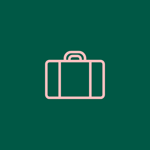 Simple line drawing of a suitcase on a dark green background.