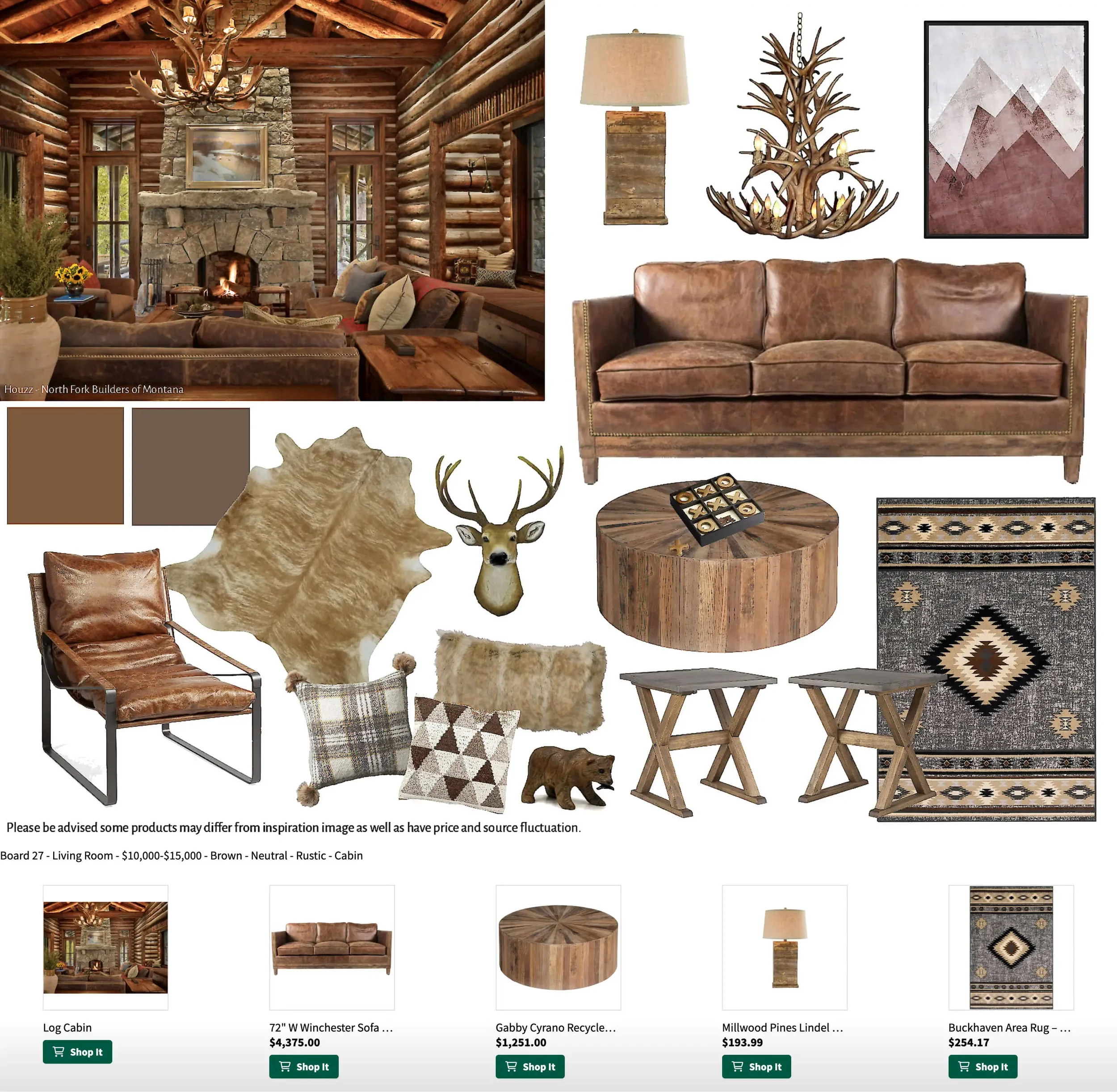 Living room with rustic decor featuring a large stone fireplace, logs walls, sofas, wooden tables, an antler chandelier, and various wall art with earthy tones and textures.