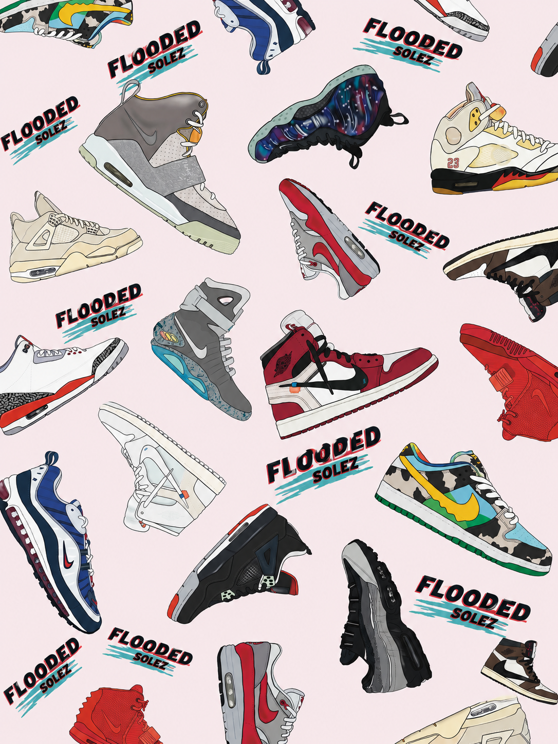 Illustration of various sneakers in different styles and colors scattered across a light pink background, with the words 'Flooded Solez' in black and light blue.