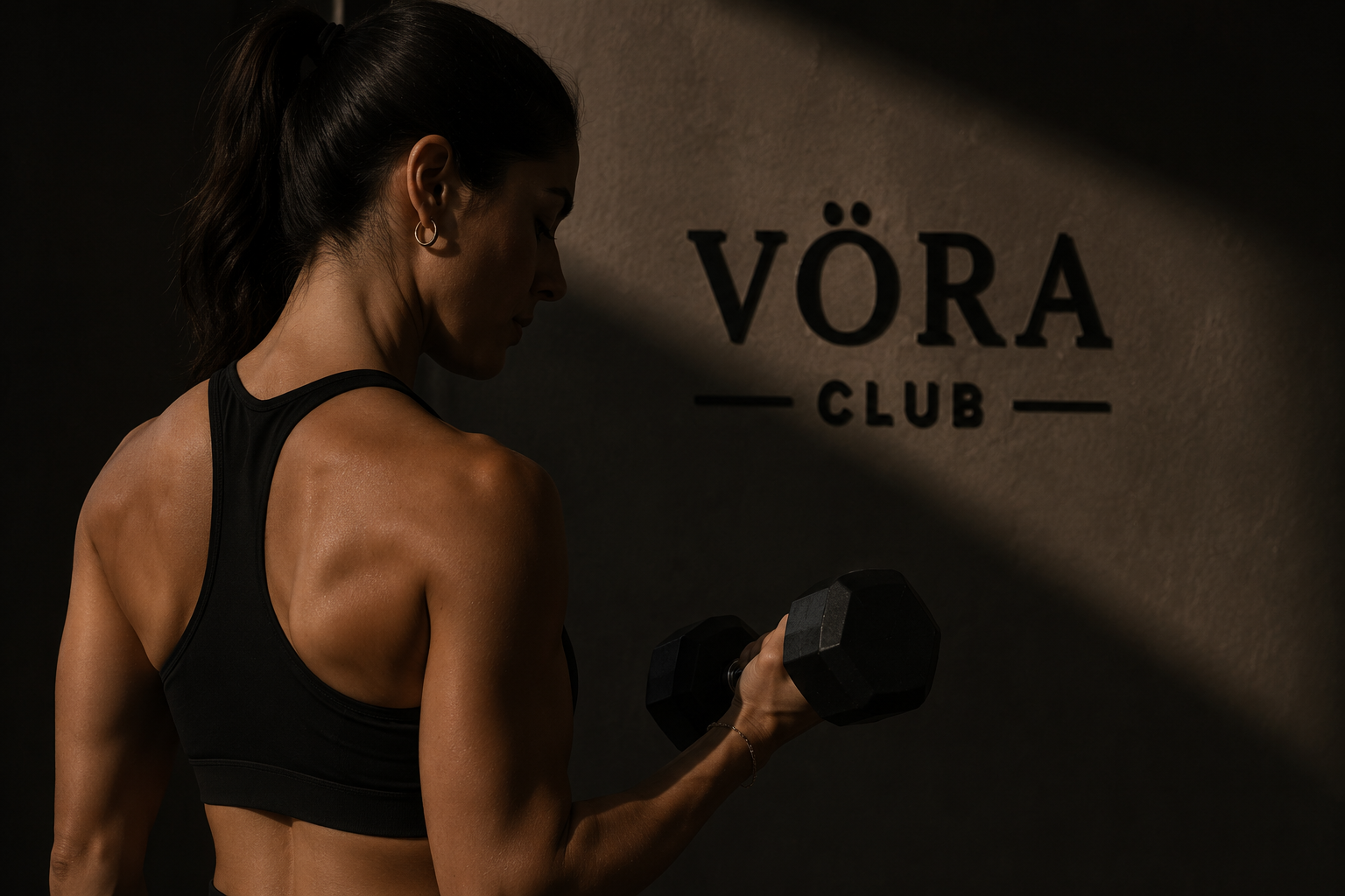 Mujer entrenando en un gimnasio, levantando una pesa de mano negra, con fondo de pared con cartel que dice 'VÖRA CLUB' en letras negras.
