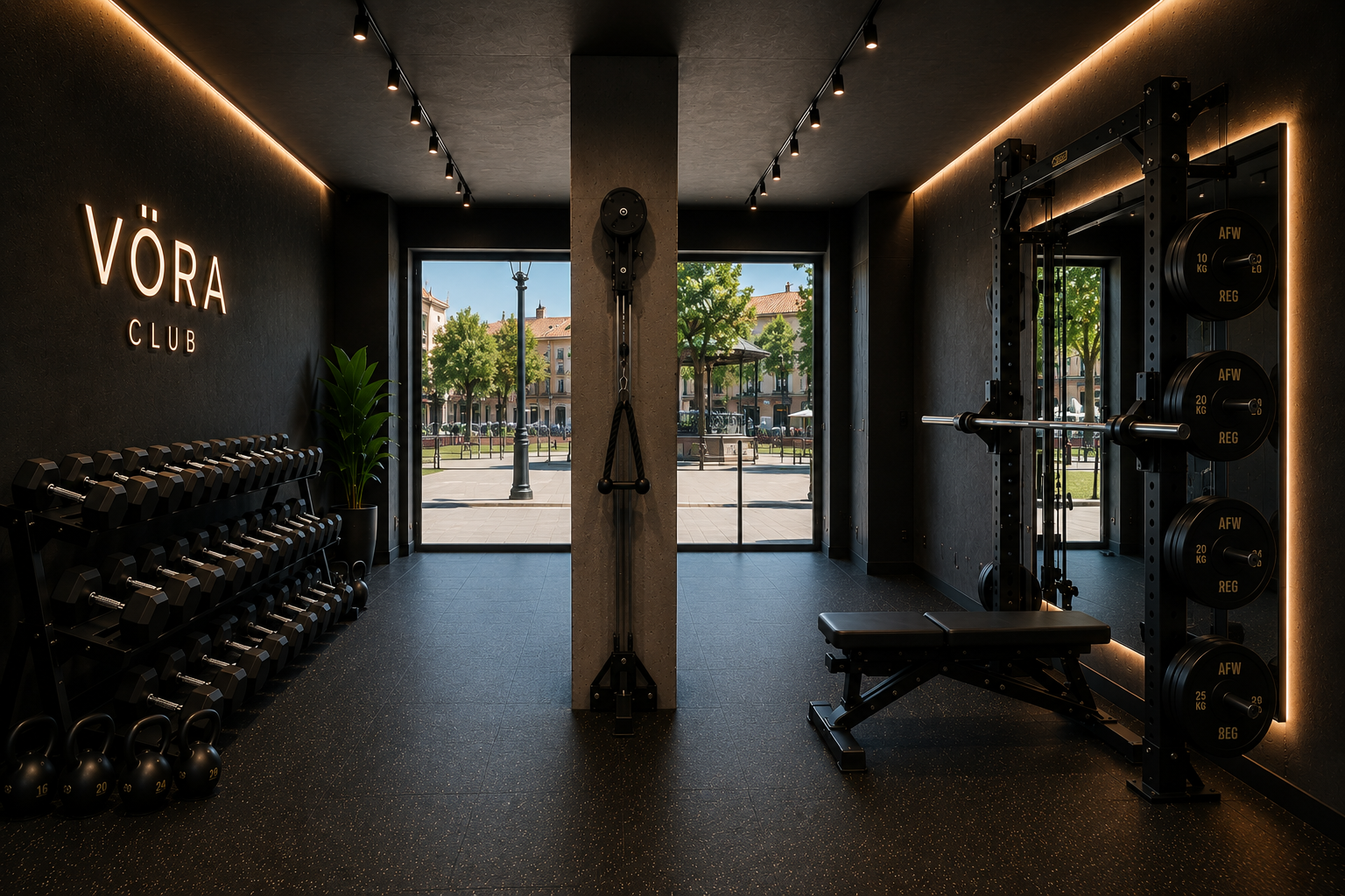 Interior de un gimnasio con pesas, mancuernas y equipo para entrenamiento, ventanas que dan a una plaza con árboles y edificios.