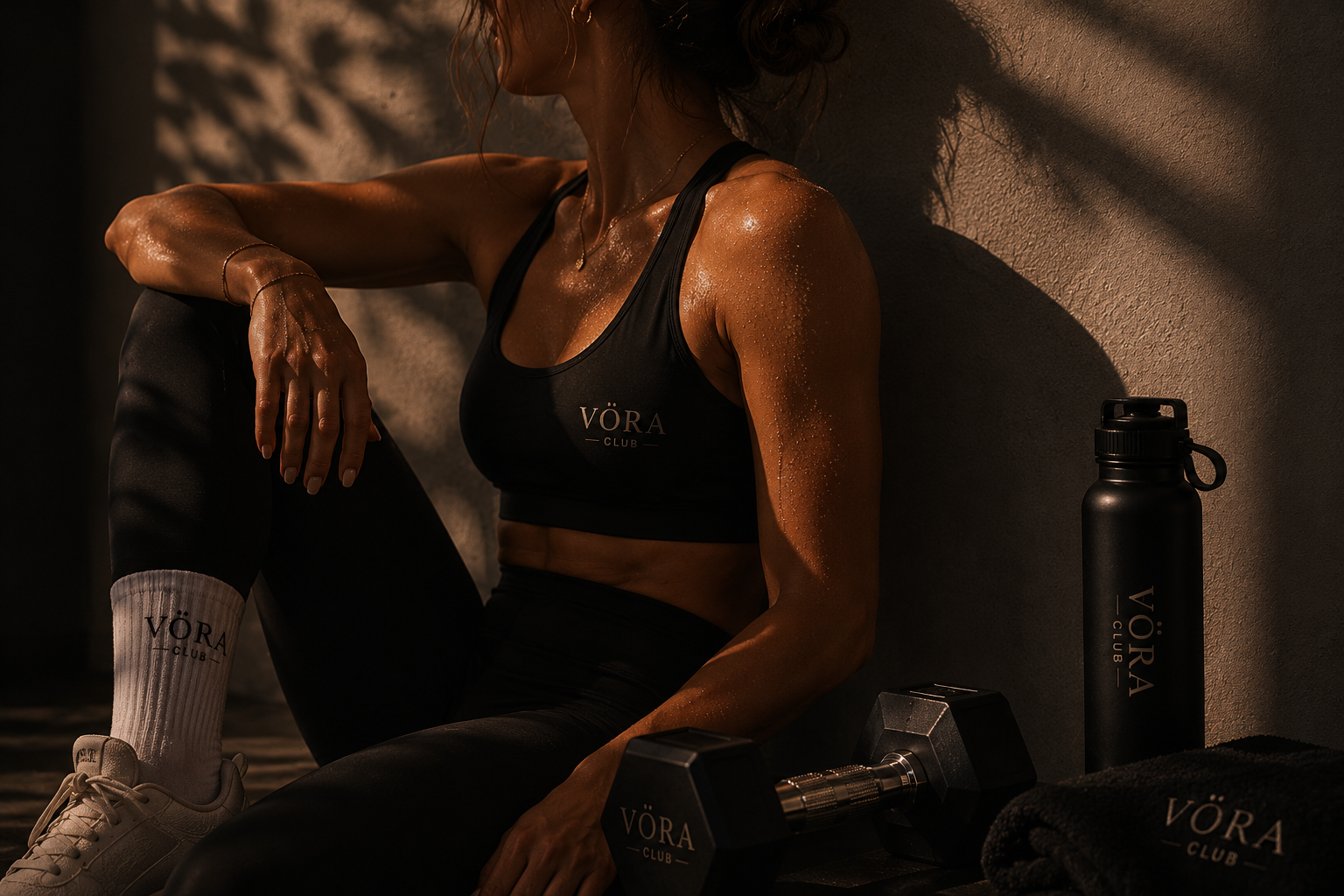 Mujer en ropa deportiva sentada contra la pared en un ambiente de gimnasio, con una botella de agua y pesas.