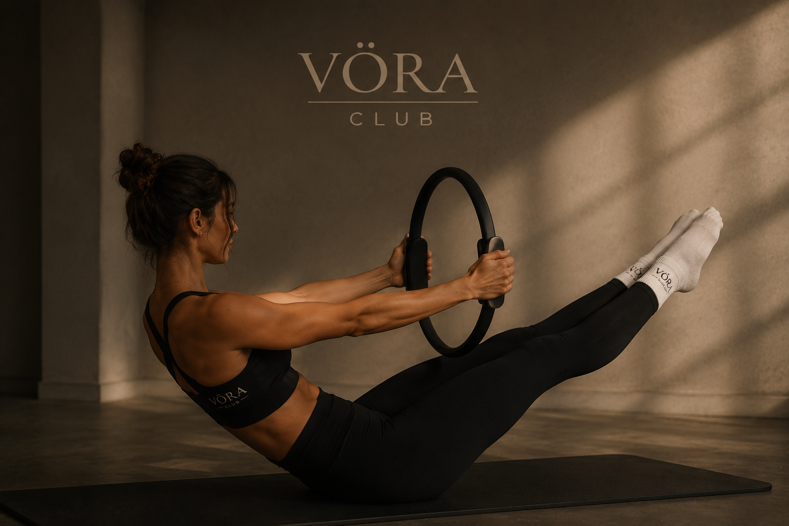 Mujer en ropa de gimnasio haciendo ejercicio con un aro en una sala de entrenamiento, con el logo 'VORA CLUB' visible en su ropa y en las calcetas. El fondo es una pared simple y el ambiente es de entrenamiento en interiores.