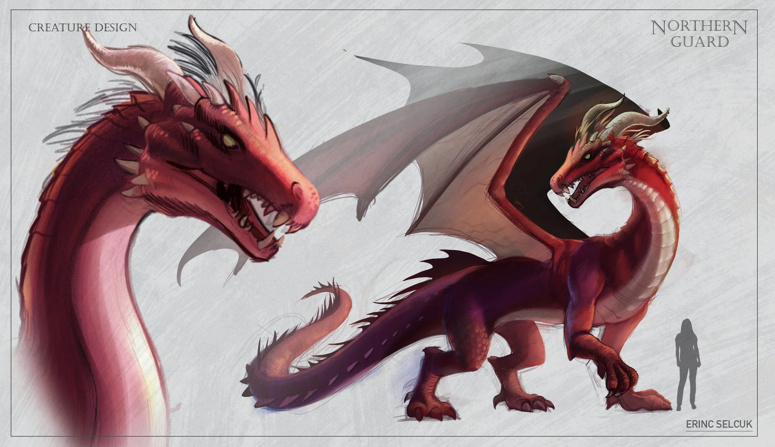 Artwork of a red dragon with black wings and horns, depicted from the side, with a human silhouette for scale. The dragon is detailed with sharp teeth, claws, and a fierce expression, with labels indicating its creature design and northern guard feat