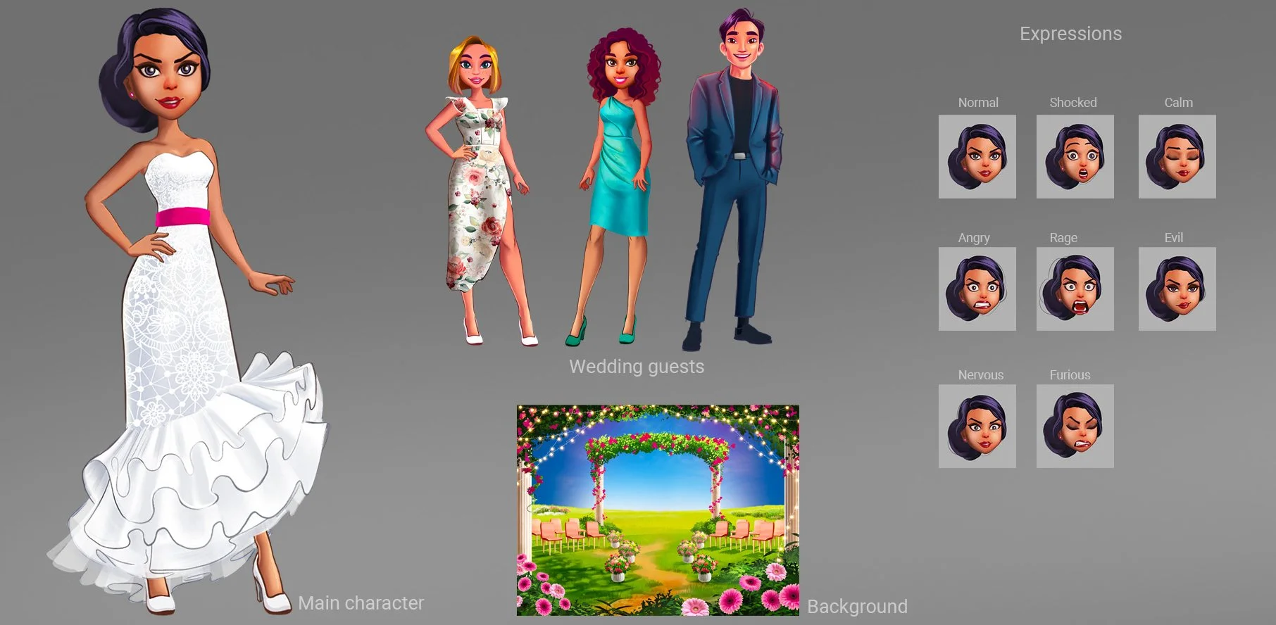 Digital illustration of a wedding scene featuring a main character in a white wedding dress with a pink sash, four wedding guests in colorful attire, a decorated outdoor wedding arch with seating, and various facial expressions options for the charac